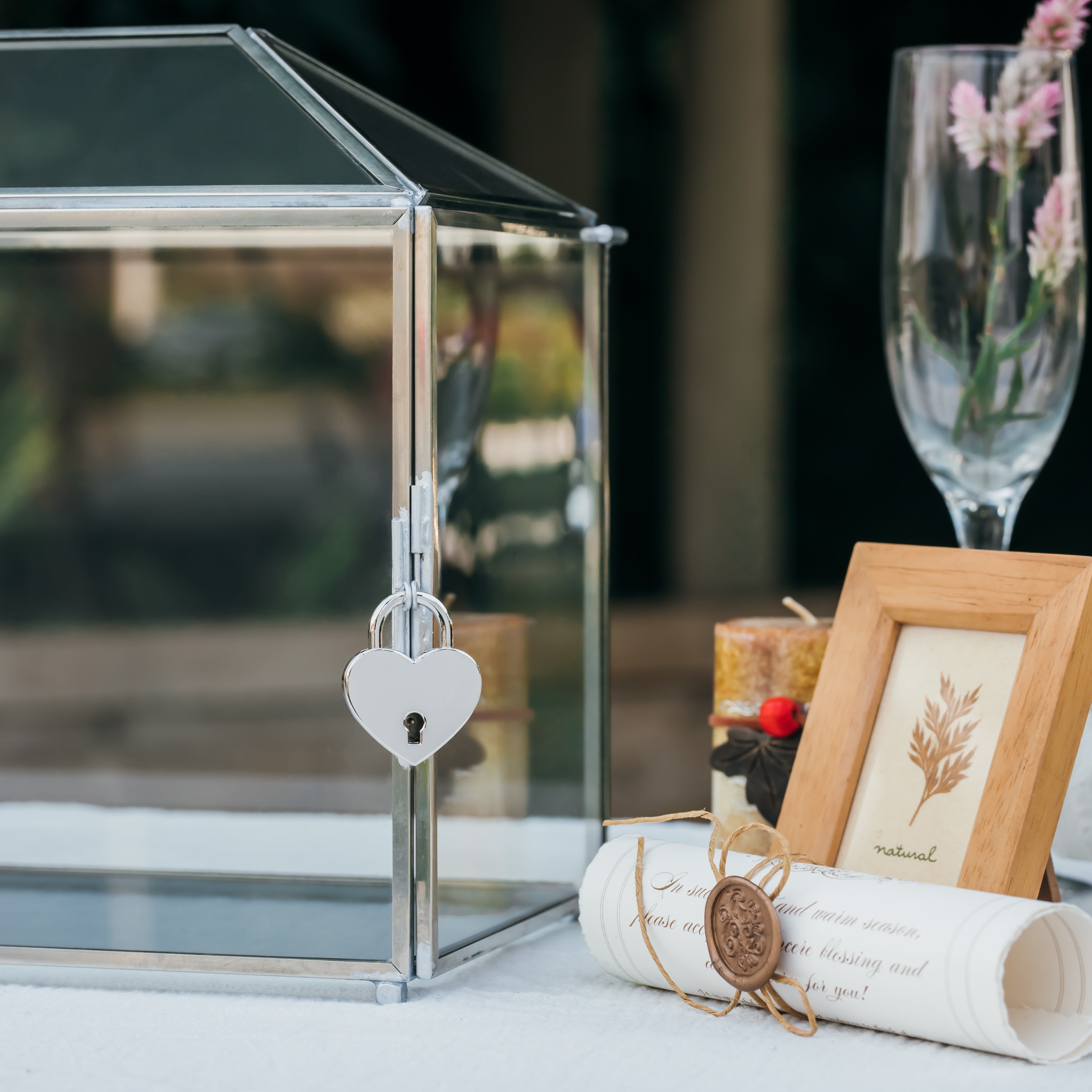 Silver Standard/Large Geometric Glass Card Box Terrarium with Slot, Heart Lock, Foot, Handmade for Wedding Receiption Wishwell Keepsake - NCYPgarden