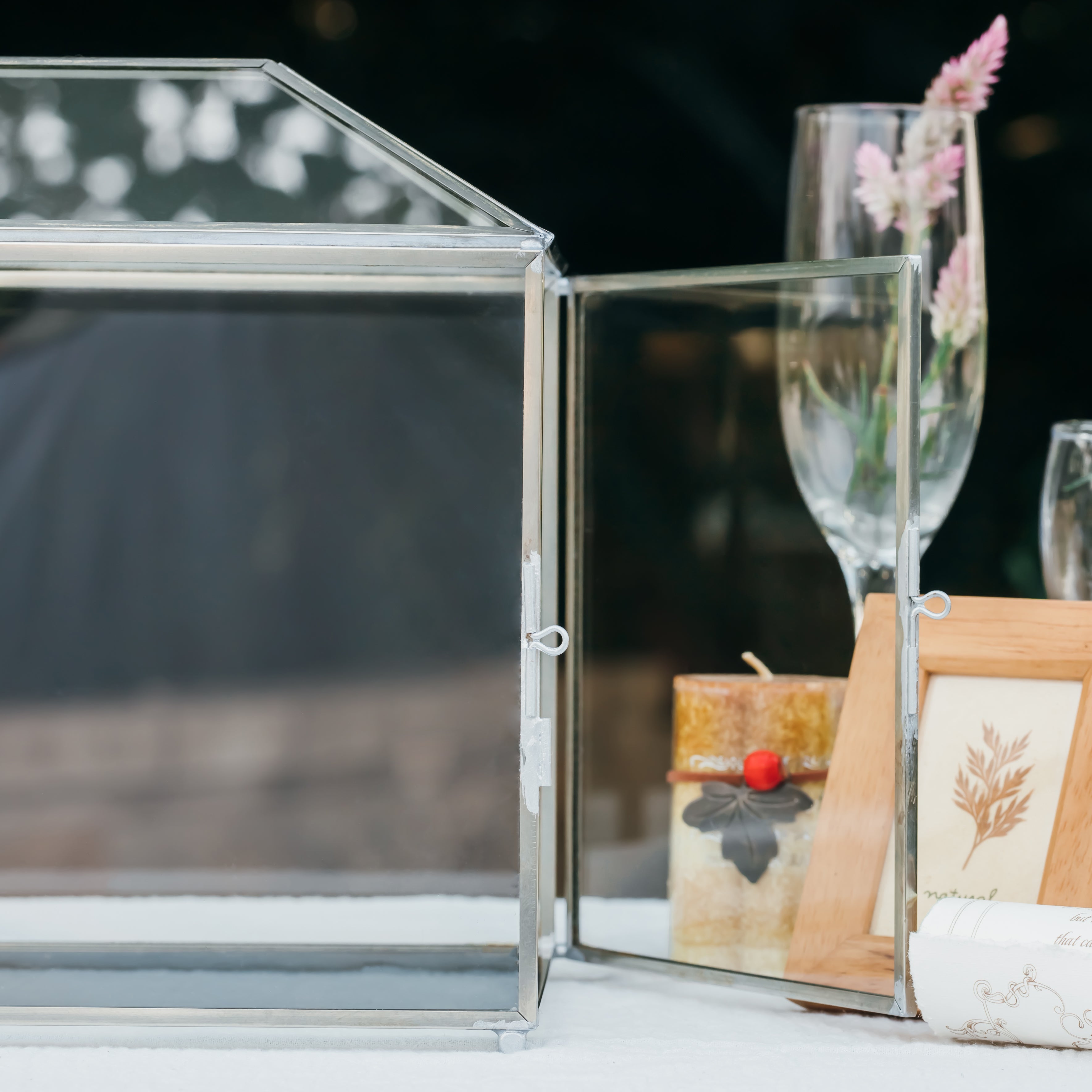 Silver Standard/Large Geometric Glass Card Box Terrarium with Slot, Heart Lock, Foot, Handmade for Wedding Receiption Wishwell Keepsake - NCYPgarden