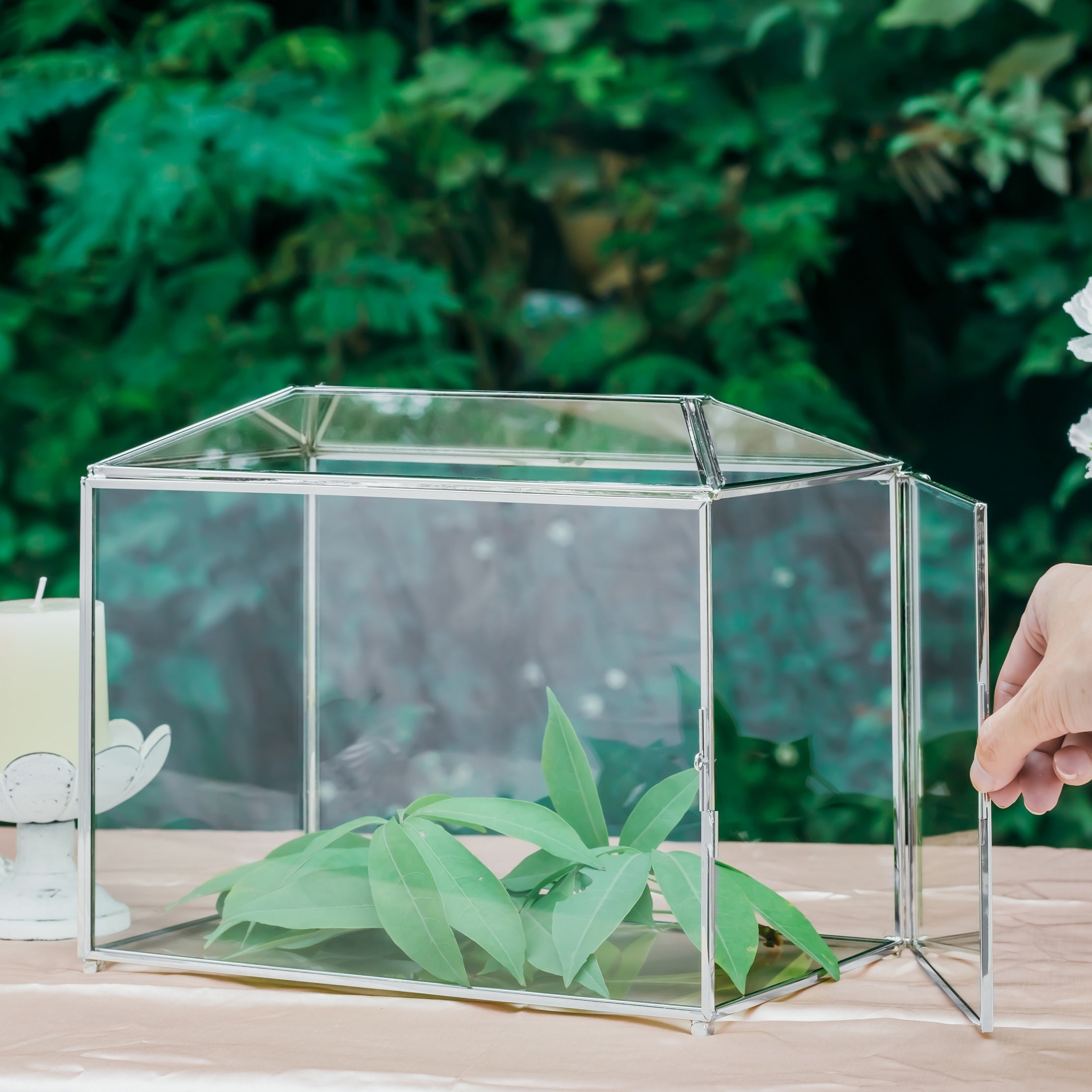 Silver Standard/Large Geometric Glass Card Box Terrarium with Slot, Heart Lock, Foot, Handmade for Wedding Receiption Wishwell Keepsake - NCYPgarden