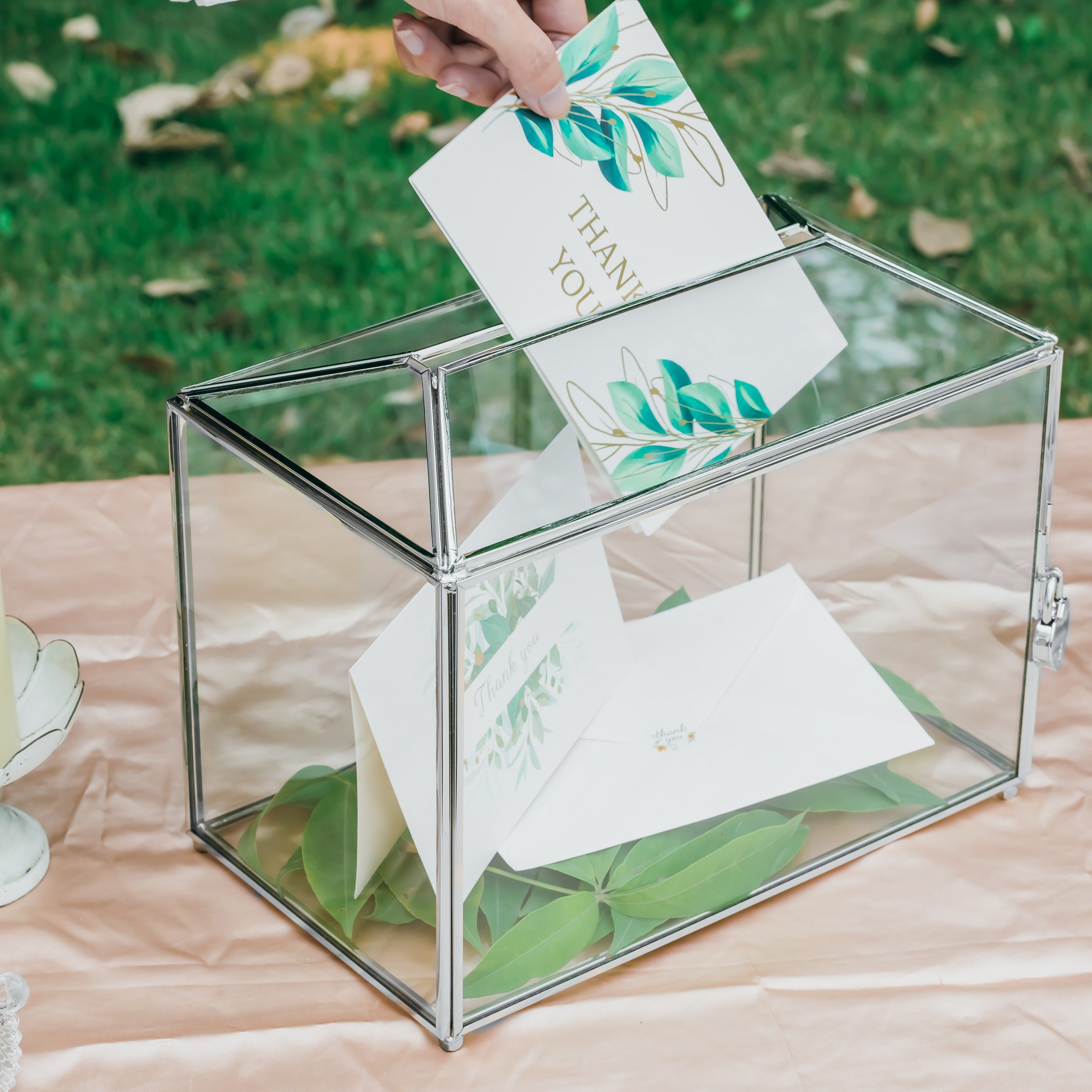 Silver Standard/Large Geometric Glass Card Box Terrarium with Slot, Heart Lock, Foot, Handmade for Wedding Receiption Wishwell Keepsake - NCYPgarden