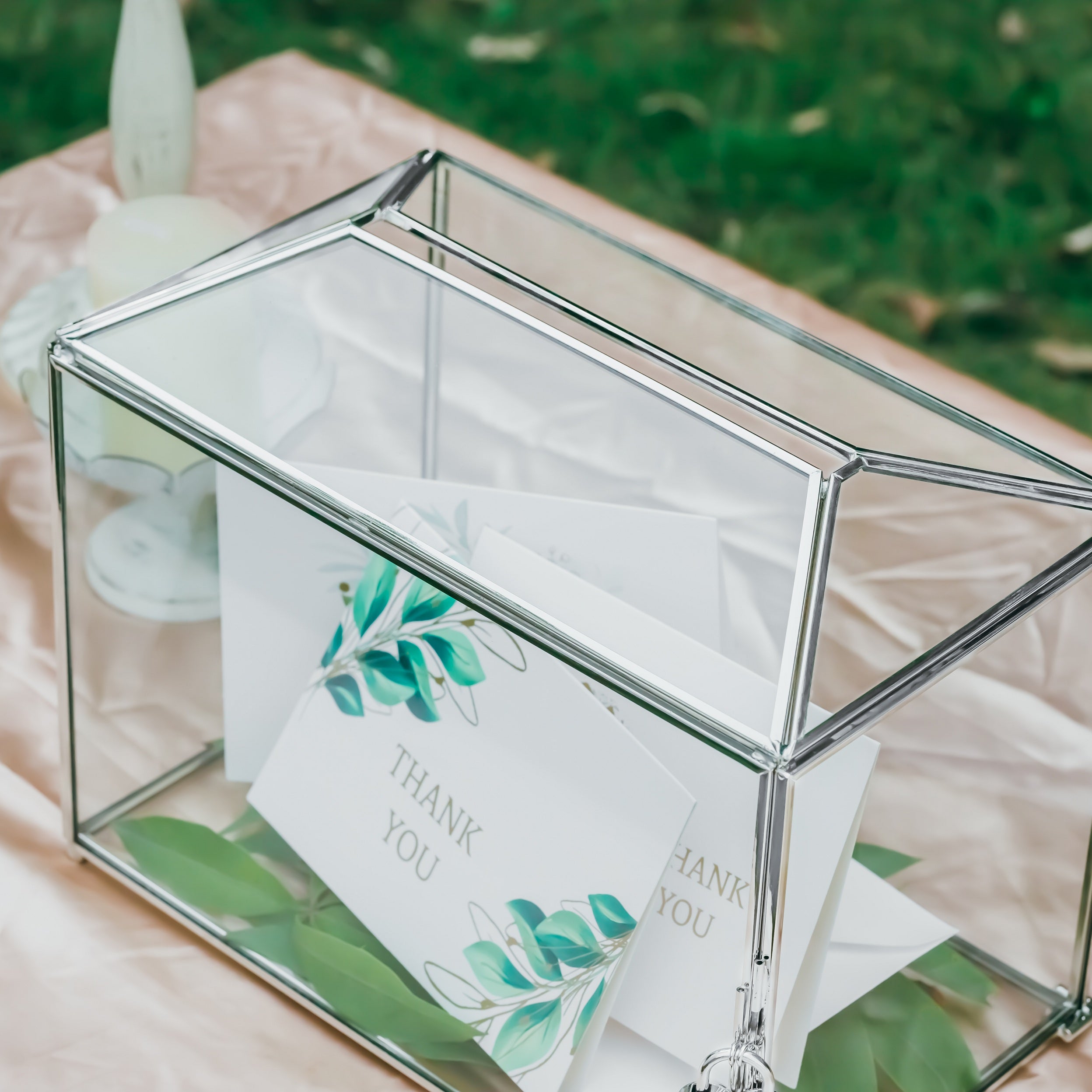 Silver Standard/Large Geometric Glass Card Box Terrarium with Slot, Heart Lock, Foot, Handmade for Wedding Receiption Wishwell Keepsake - NCYPgarden