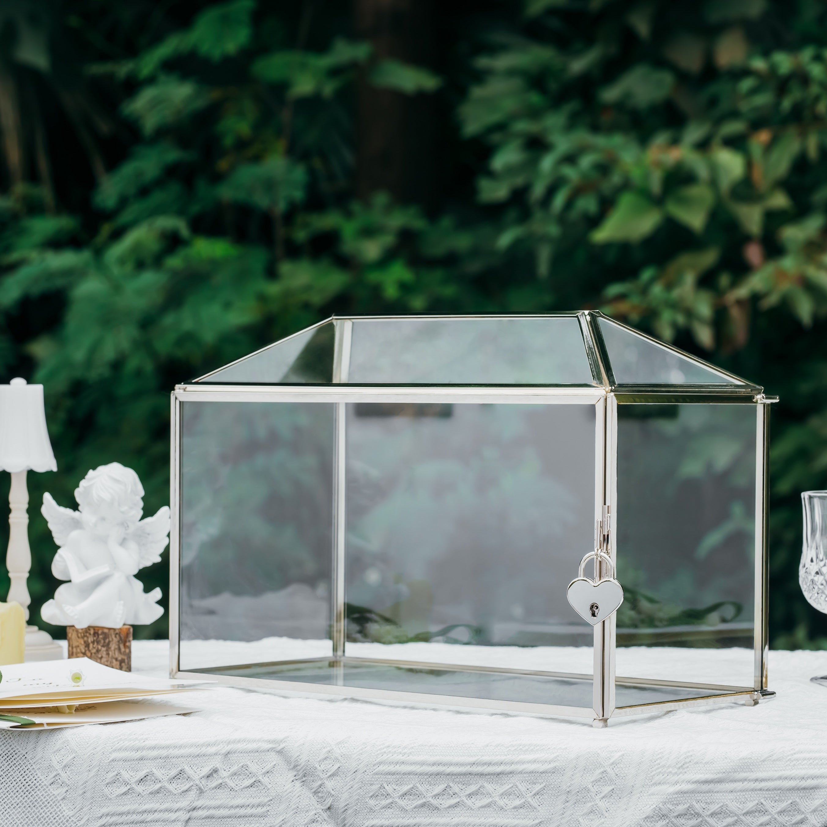 Silver Standard/Large Geometric Glass Card Box Terrarium with Slot, Heart Lock, Foot, Handmade for Wedding Receiption Wishwell Keepsake - NCYPgarden