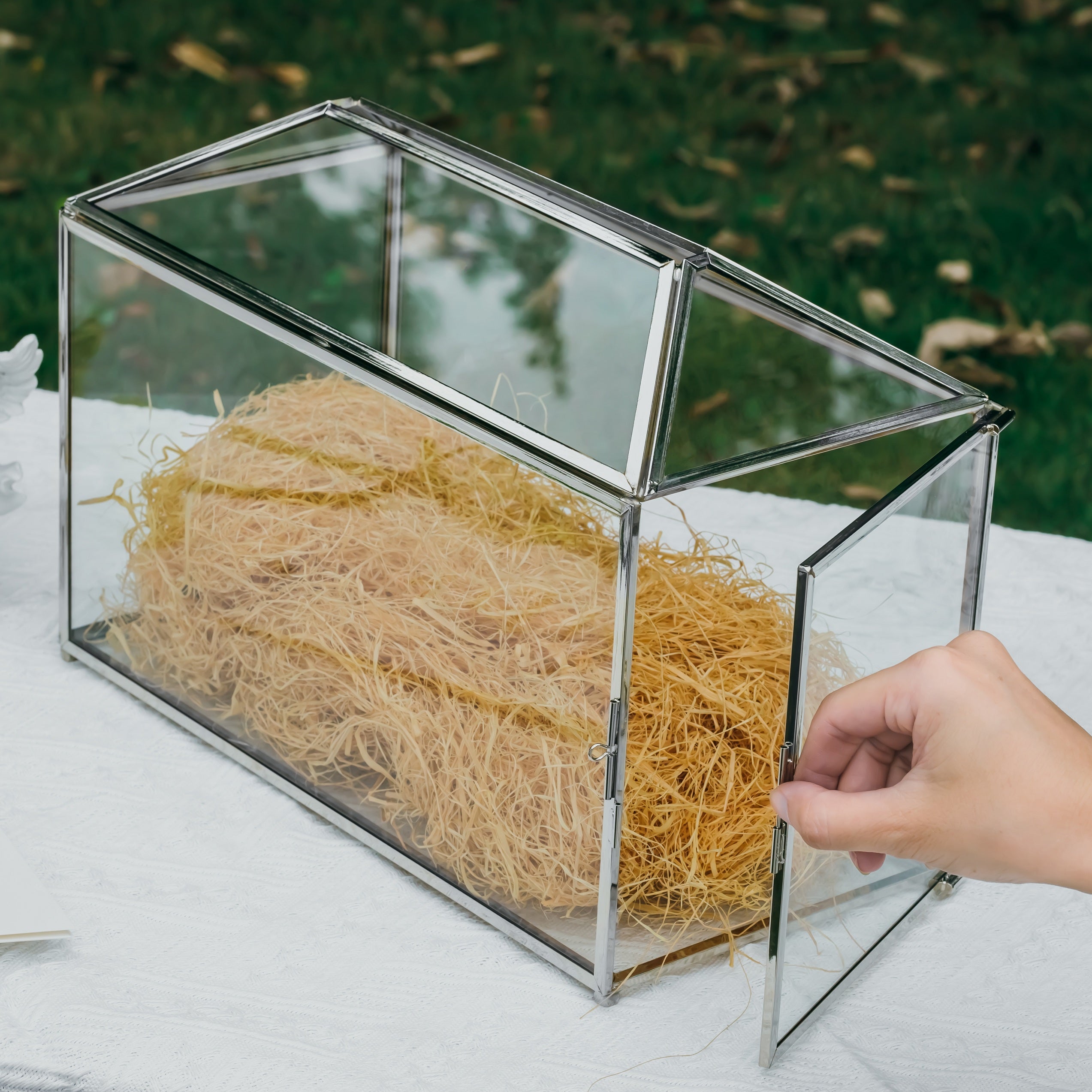 Silver Standard/Large Geometric Glass Card Box Terrarium with Slot, Heart Lock, Foot, Handmade for Wedding Receiption Wishwell Keepsake - NCYPgarden