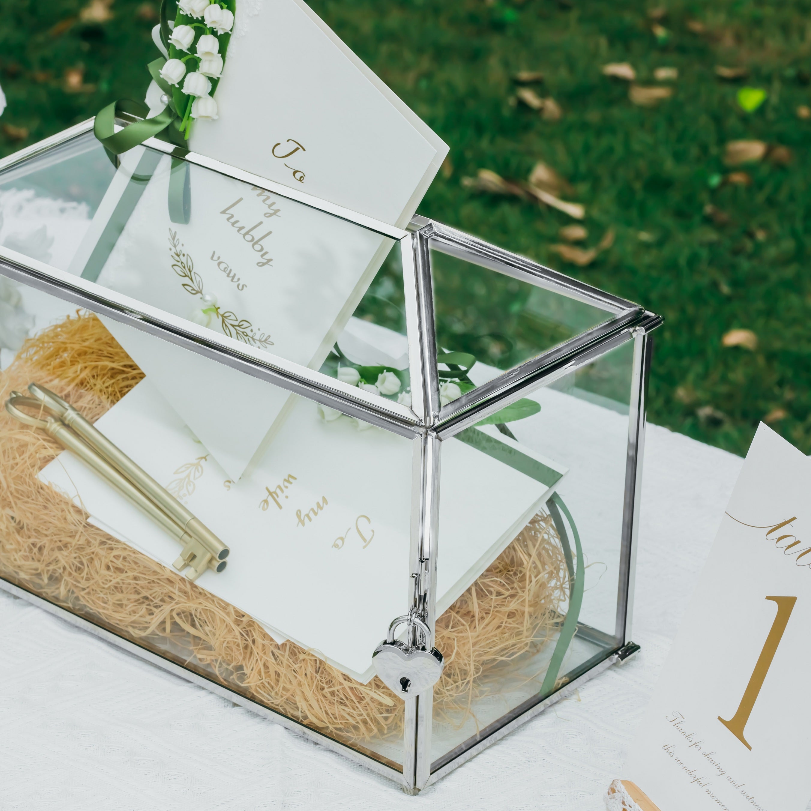 Silver Standard/Large Geometric Glass Card Box Terrarium with Slot, Heart Lock, Foot, Handmade for Wedding Receiption Wishwell Keepsake - NCYPgarden