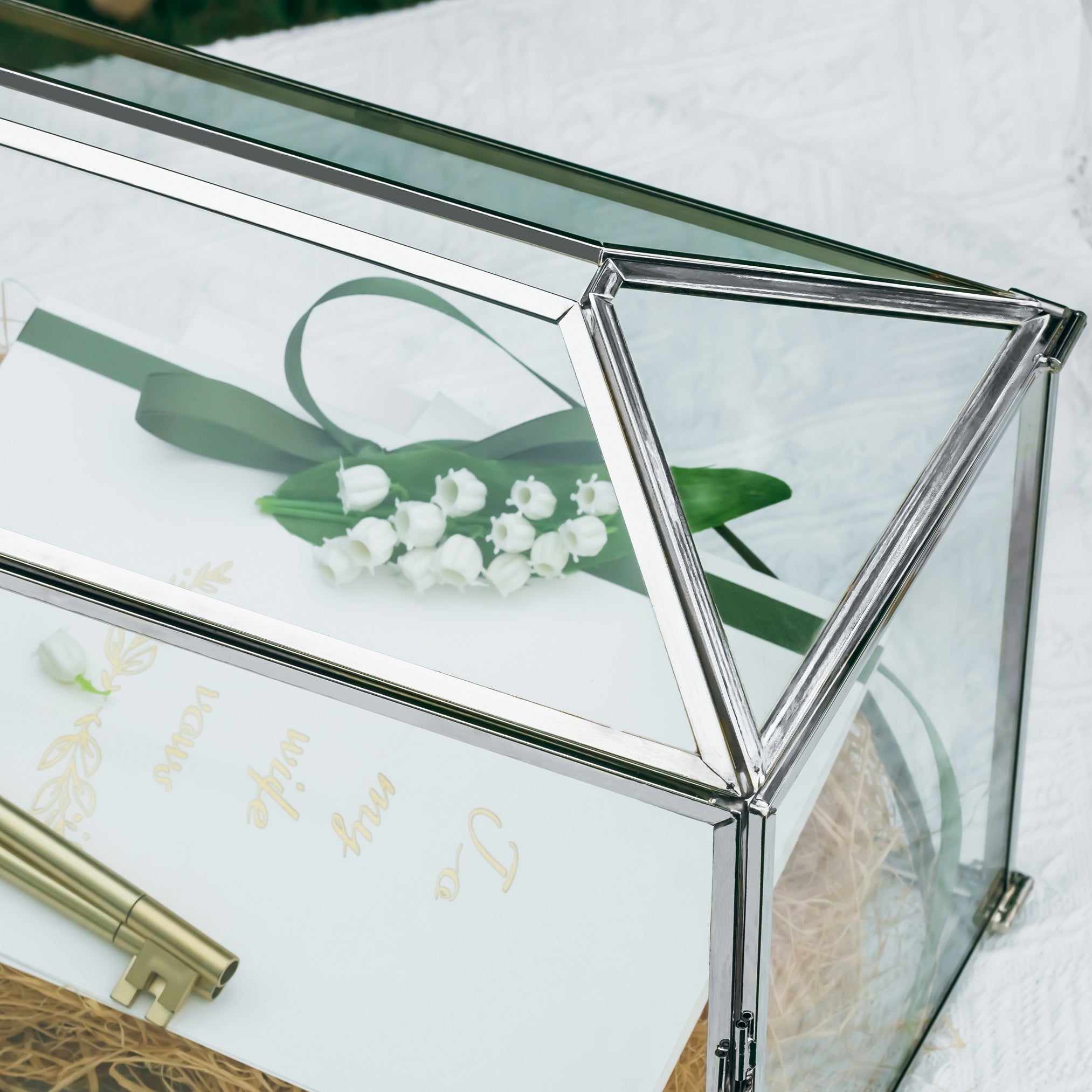 Silver Standard/Large Geometric Glass Card Box Terrarium with Slot, Heart Lock, Foot, Handmade for Wedding Receiption Wishwell Keepsake - NCYPgarden