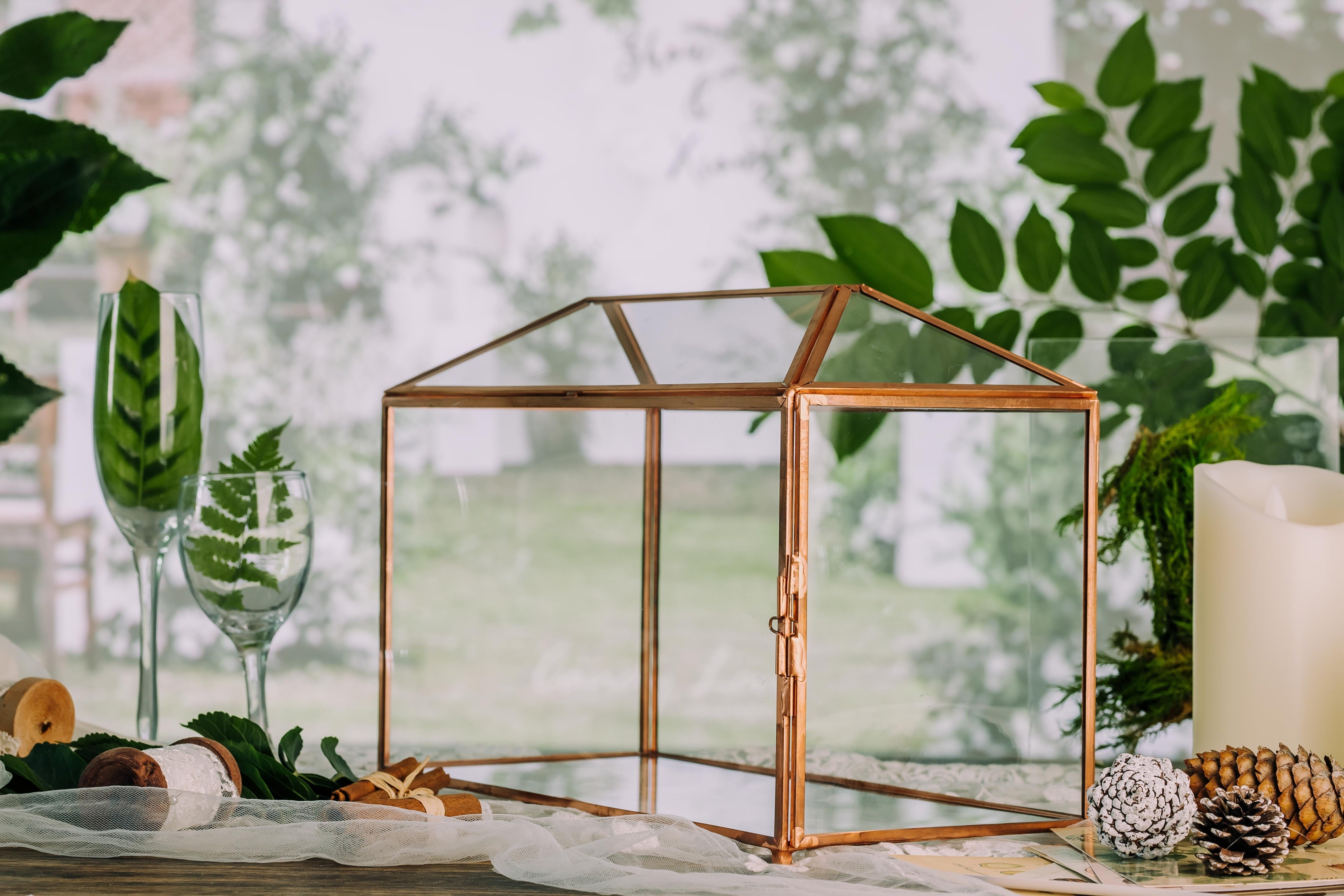 Large Geometric Glass Card Box Terrarium with Slot and Heart Lock, Foot, Gold, Handmade, Brass,for Wedding Receiption, Wishwell, Keepsake Centerpiece - NCYPgarden