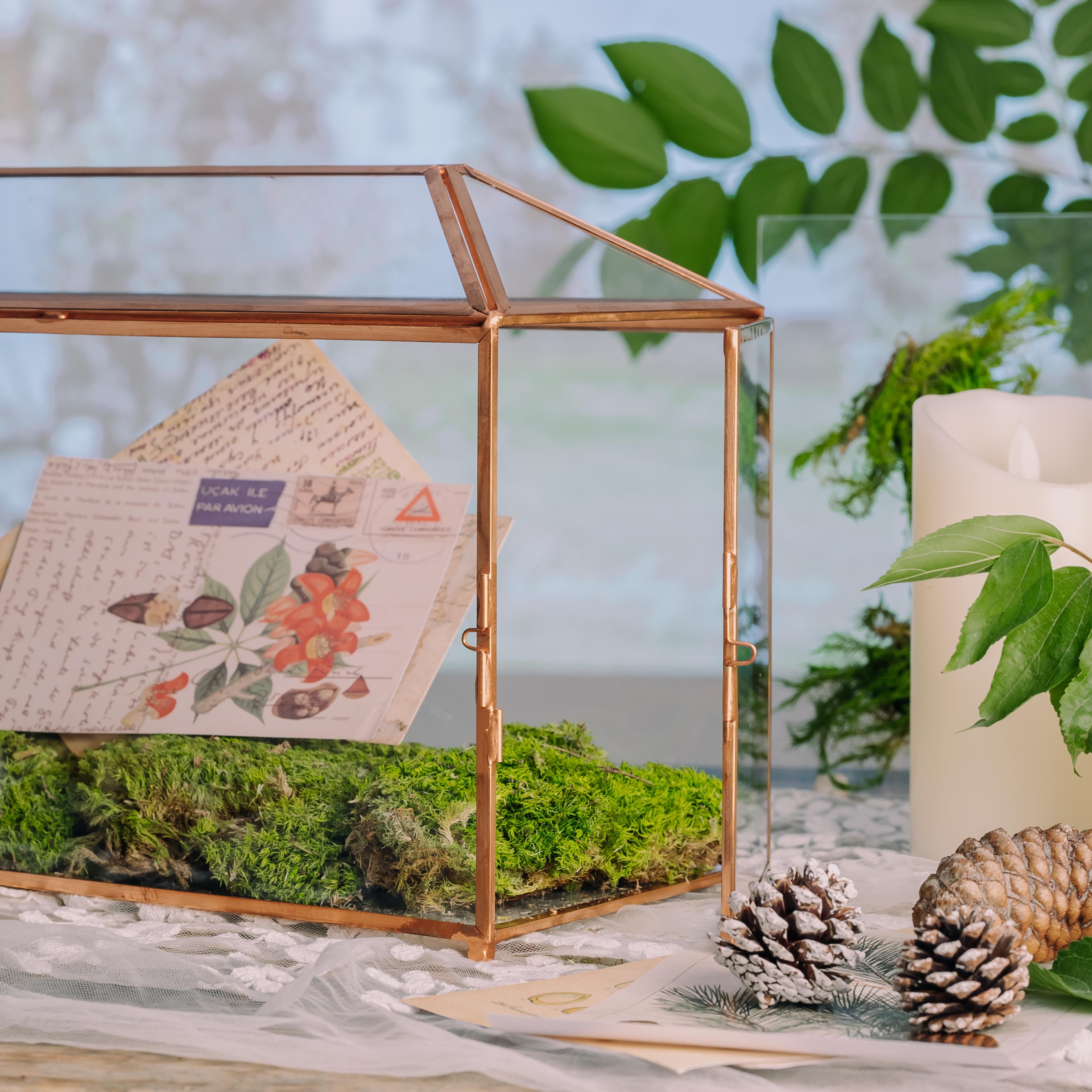 Large Geometric Glass Card Box Terrarium with Slot and Heart Lock, Foot, Gold, Handmade, Brass,for Wedding Receiption, Wishwell, Keepsake Centerpiece - NCYPgarden