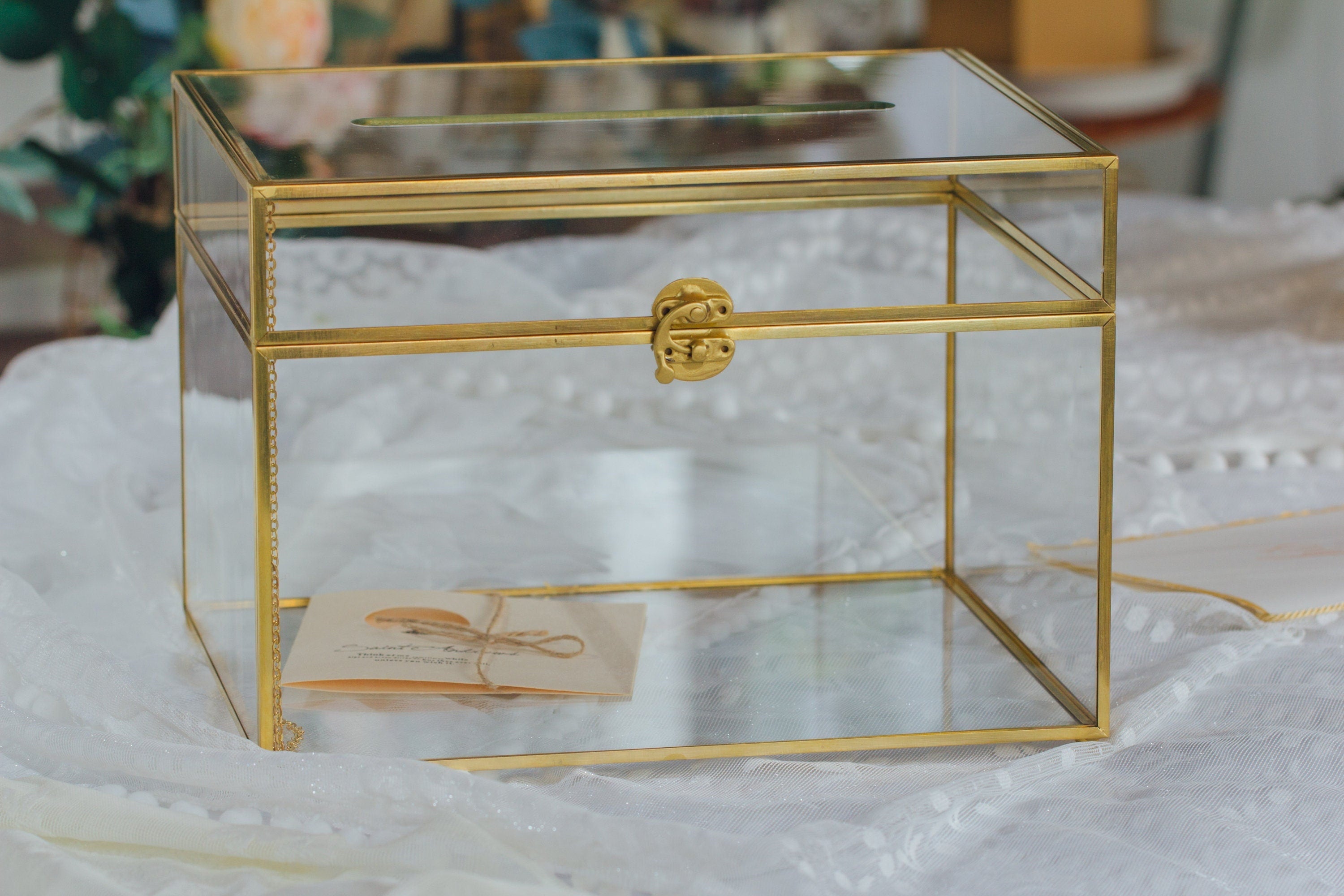 12"Large Gold Foot Rectangle with Slot  Geometric Glass Card Box Keepsake Recipe Reception Envelope Holder Display Gift with Swing Lid Latch - NCYPgarden