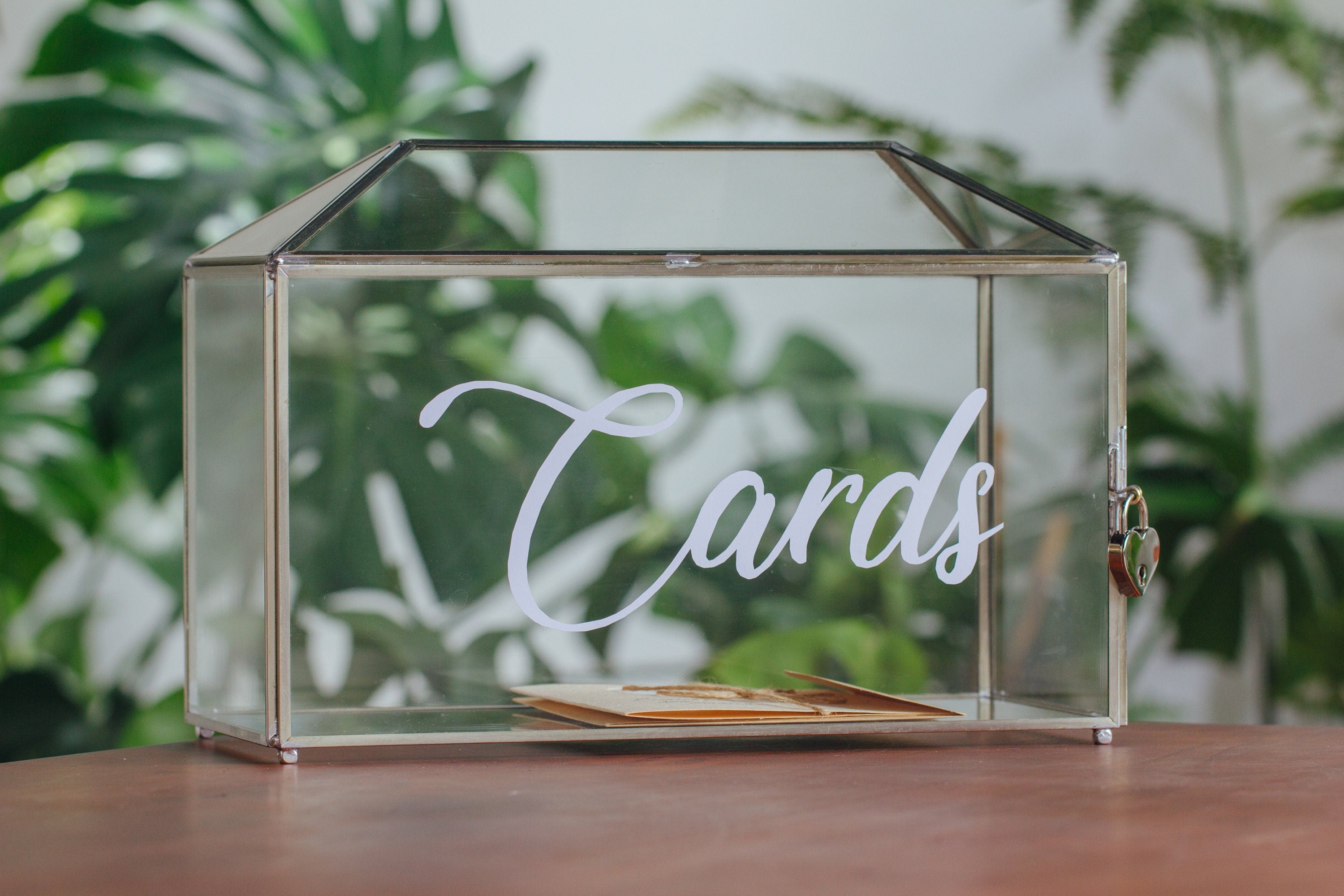 Silver Standard/Large Geometric Glass Card Box Terrarium with Slot, Heart Lock, Foot, Handmade for Wedding Receiption Wishwell Keepsake - NCYPgarden