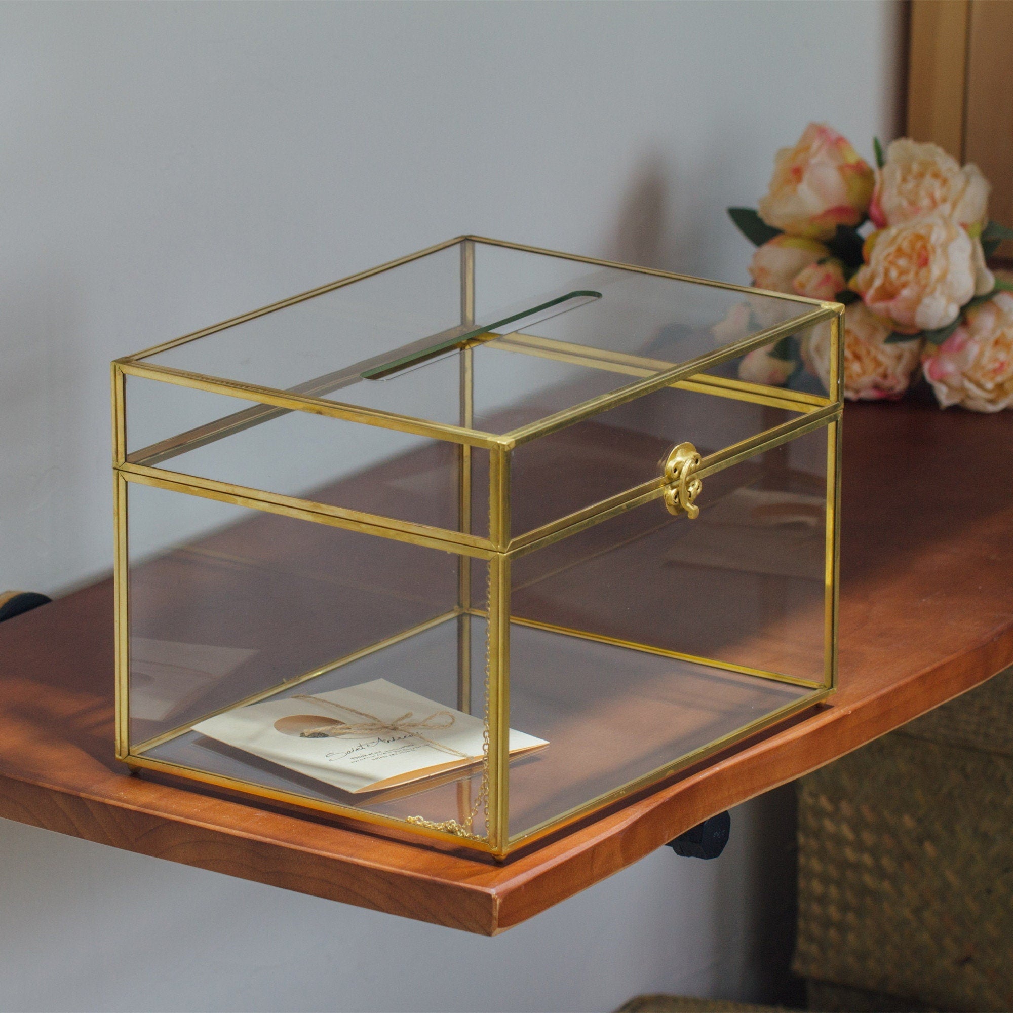 12"Large Gold Foot Rectangle with Slot  Geometric Glass Card Box Keepsake Recipe Reception Envelope Holder Display Gift with Swing Lid Latch - NCYPgarden