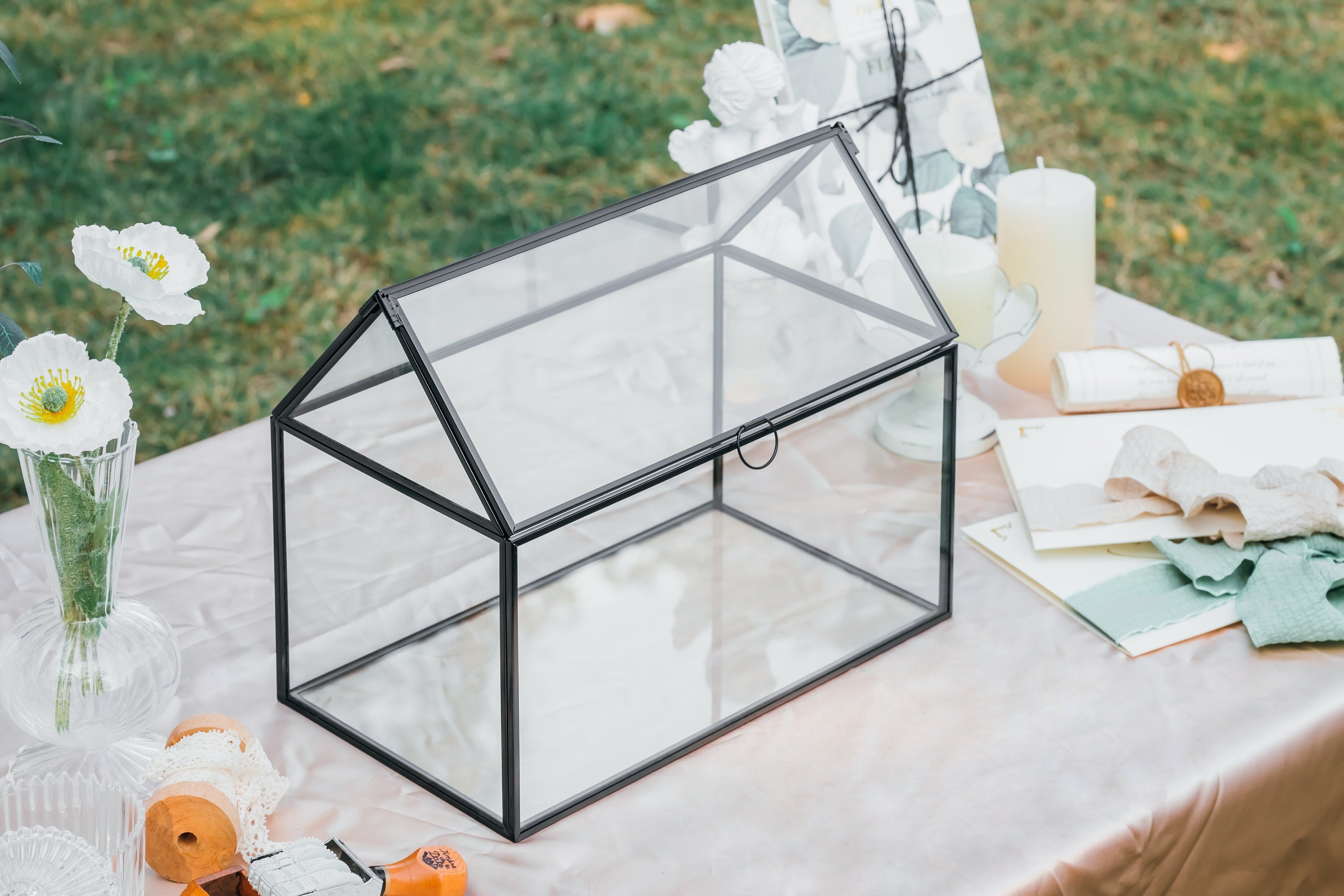 Geometric Glass Card Box Terrarium, Black, Handmade, House Shape,for Wedding Receiption, Wishwell, Keepsake Centerpiece - NCYPgarden