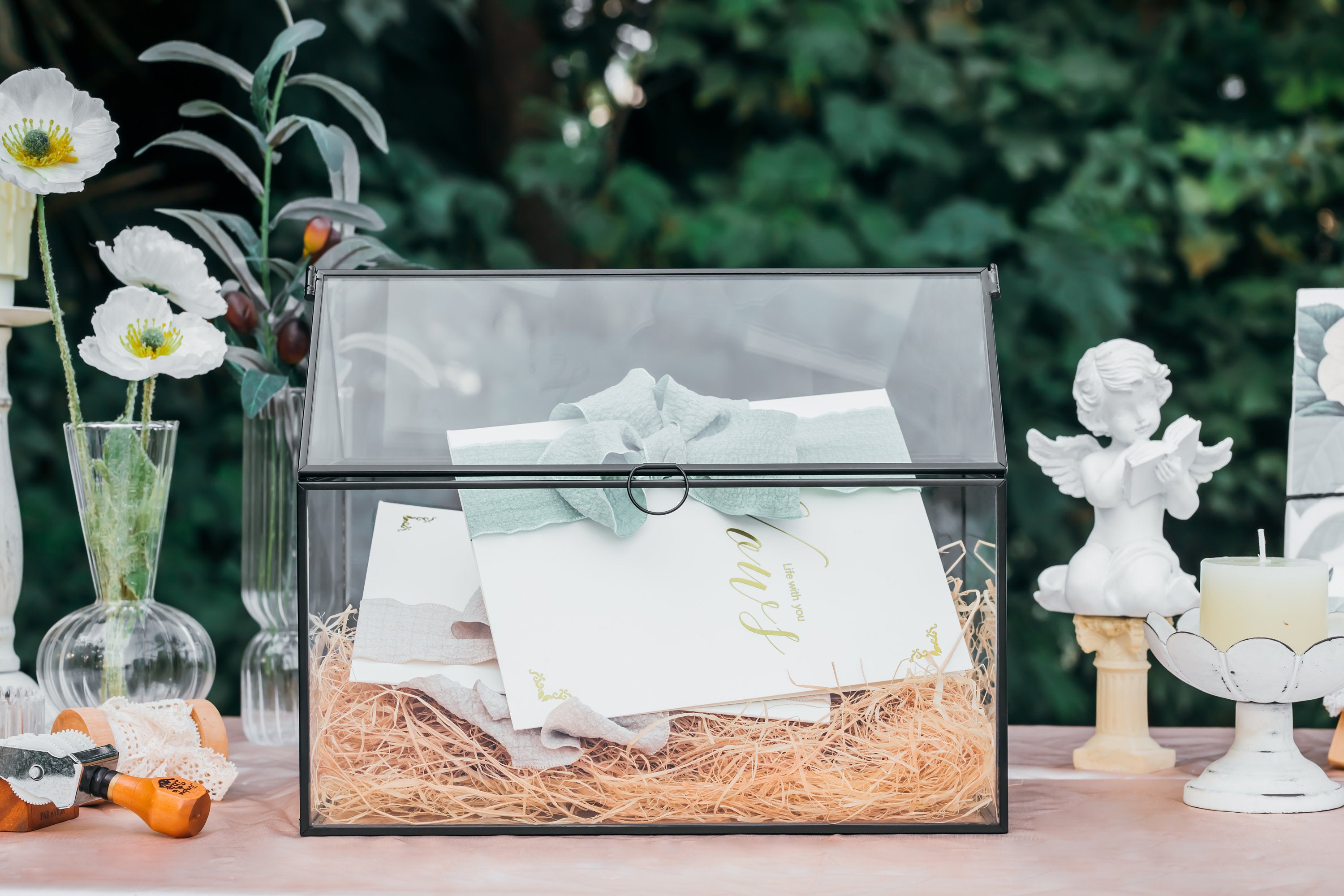 Geometric Glass Card Box Terrarium, Black, Handmade, House Shape,for Wedding Receiption, Wishwell, Keepsake Centerpiece - NCYPgarden