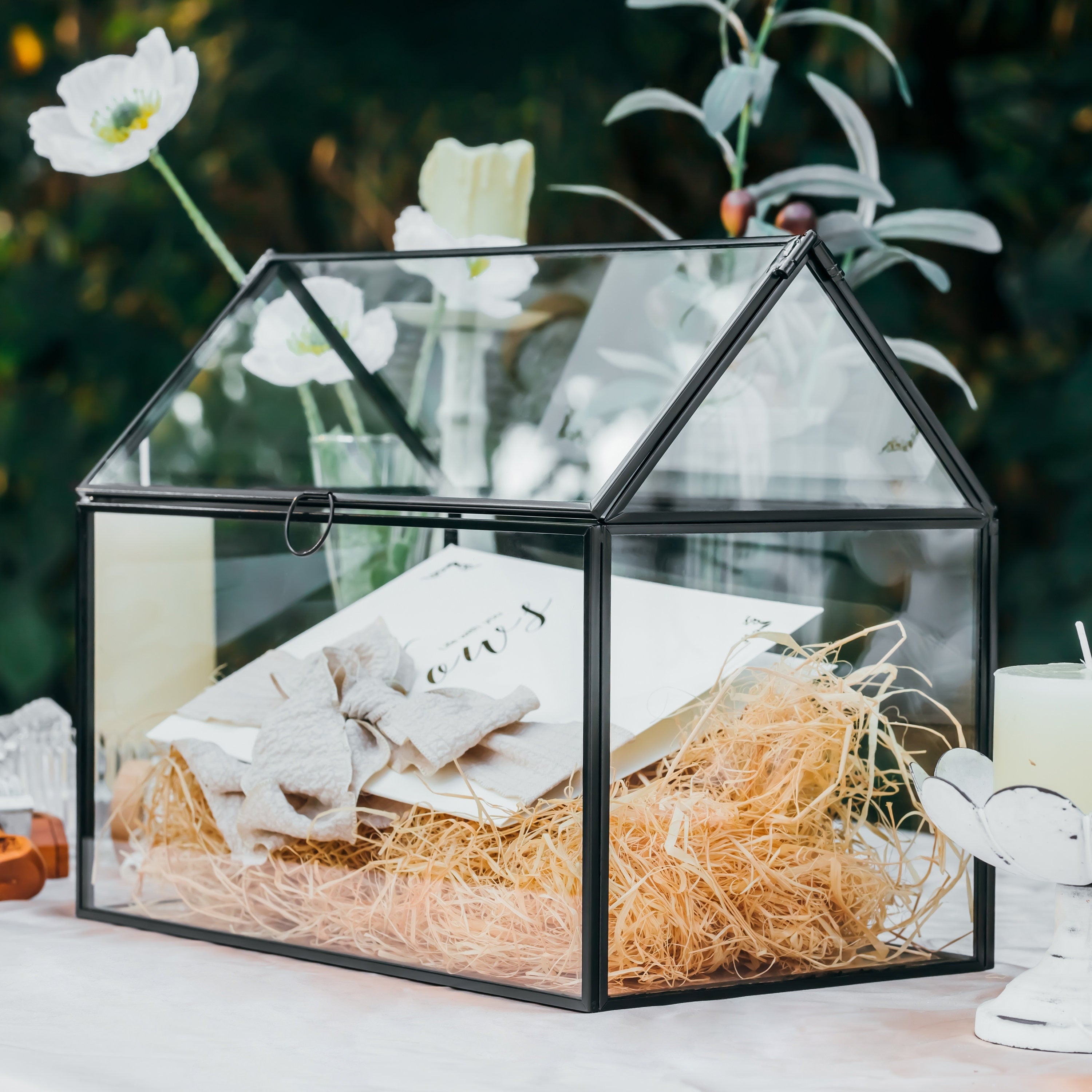 Geometric Glass Card Box Terrarium, Black, Handmade, House Shape,for Wedding Receiption, Wishwell, Keepsake Centerpiece - NCYPgarden