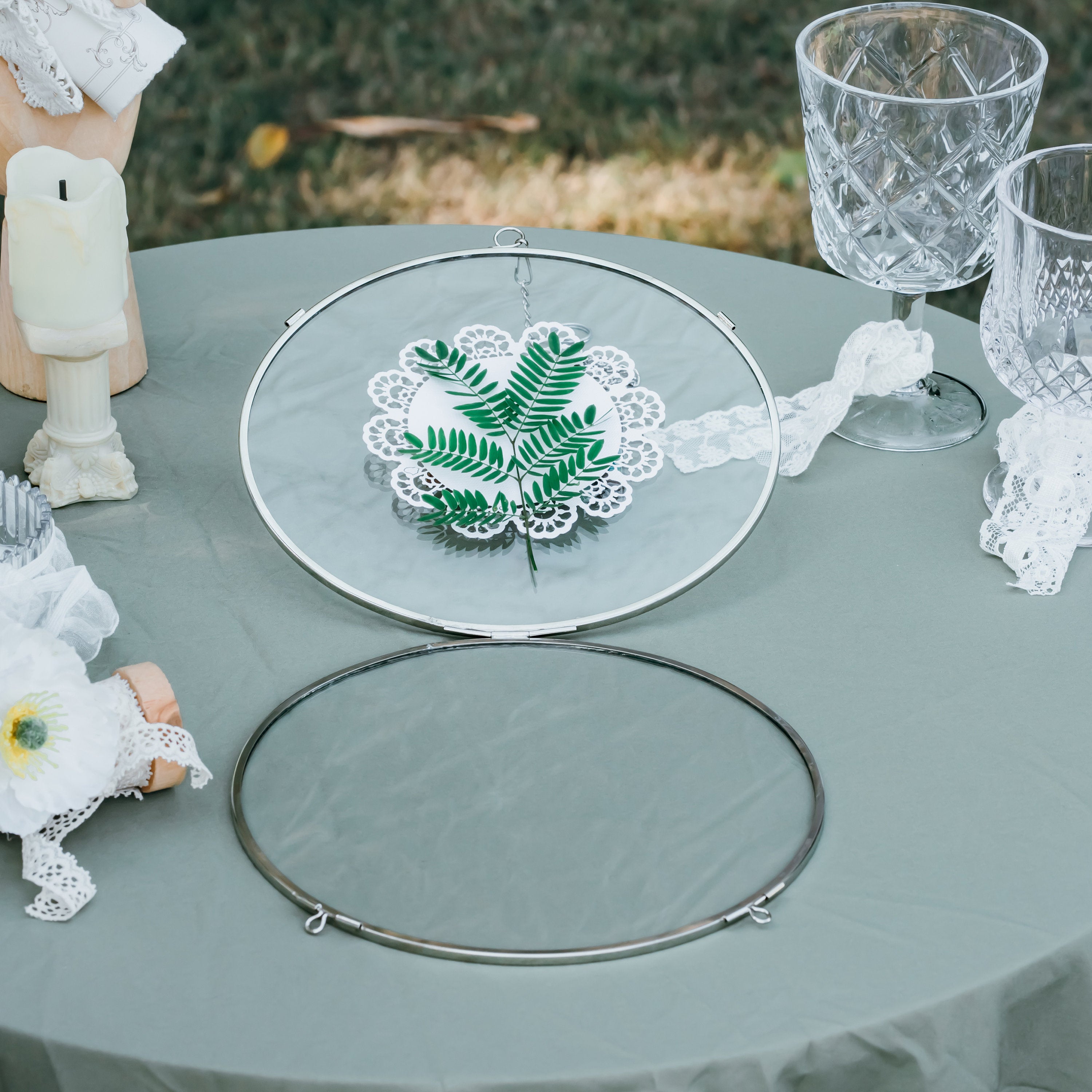 Round 7” Silver herbarium  Double Glass Frame, for Pressed Flowers, Leaves, Displaying Crochet - NCYPgarden