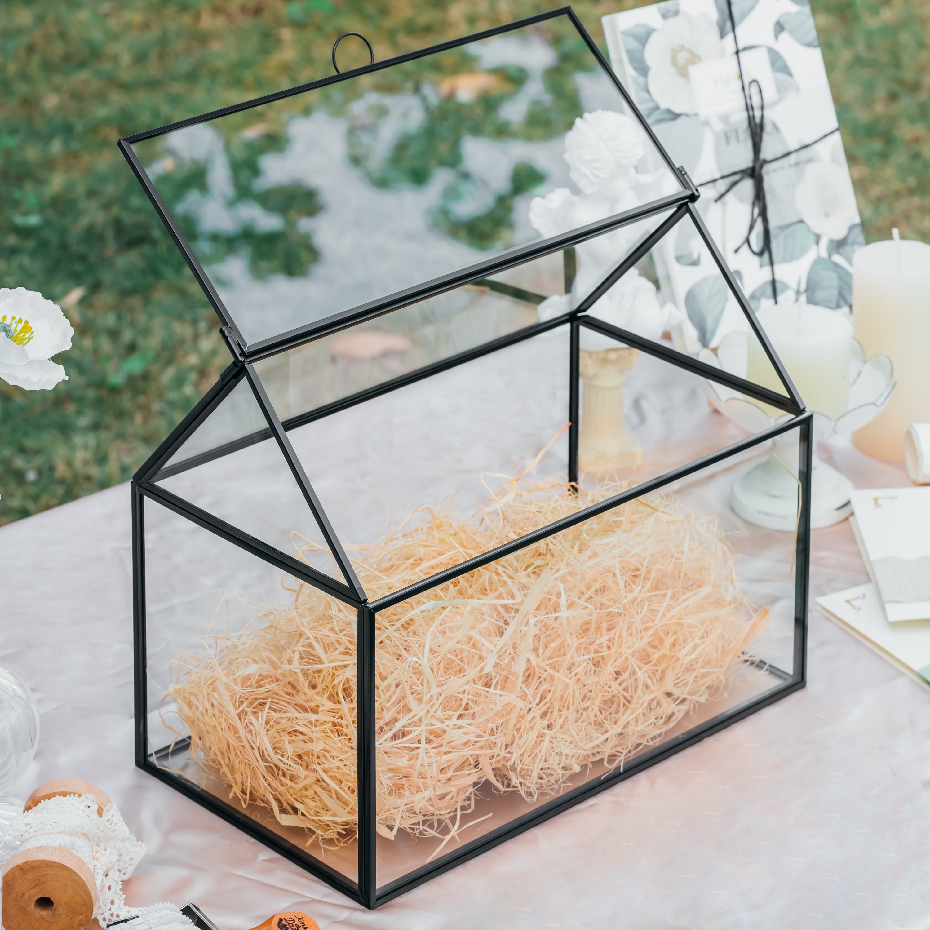 Geometric Glass Card Box Terrarium, Black, Handmade, House Shape,for Wedding Receiption, Wishwell, Keepsake Centerpiece - NCYPgarden