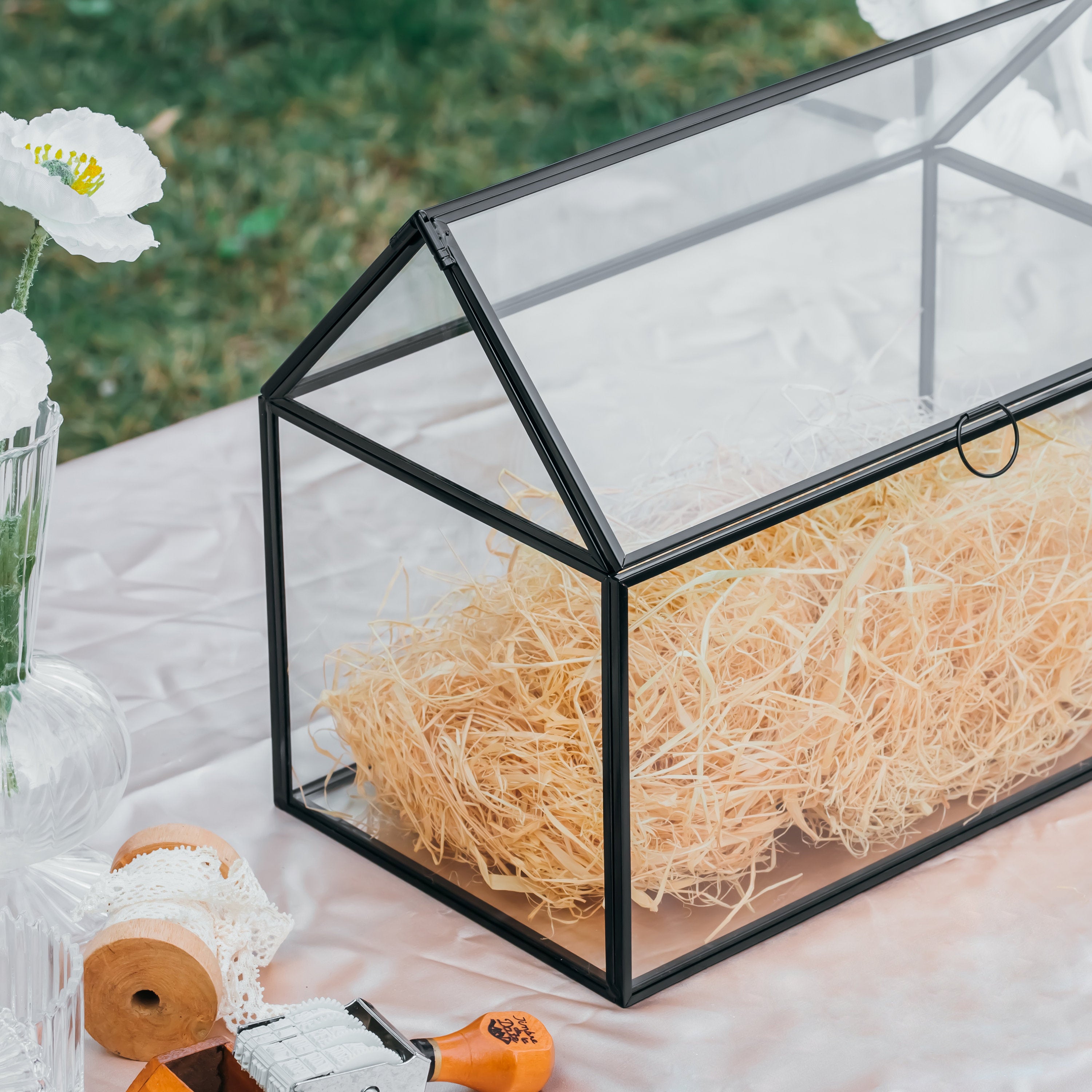 Geometric Glass Card Box Terrarium, Black, Handmade, House Shape,for Wedding Receiption, Wishwell, Keepsake Centerpiece - NCYPgarden