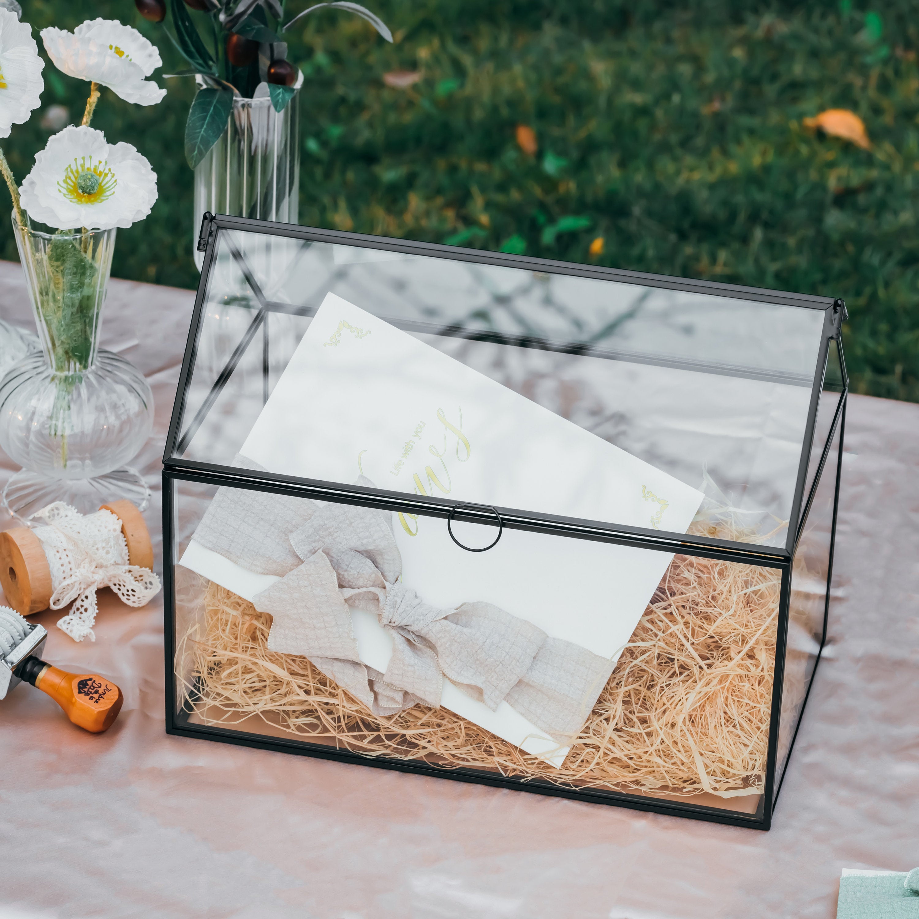 Geometric Glass Card Box Terrarium, Black, Handmade, House Shape,for Wedding Receiption, Wishwell, Keepsake Centerpiece - NCYPgarden