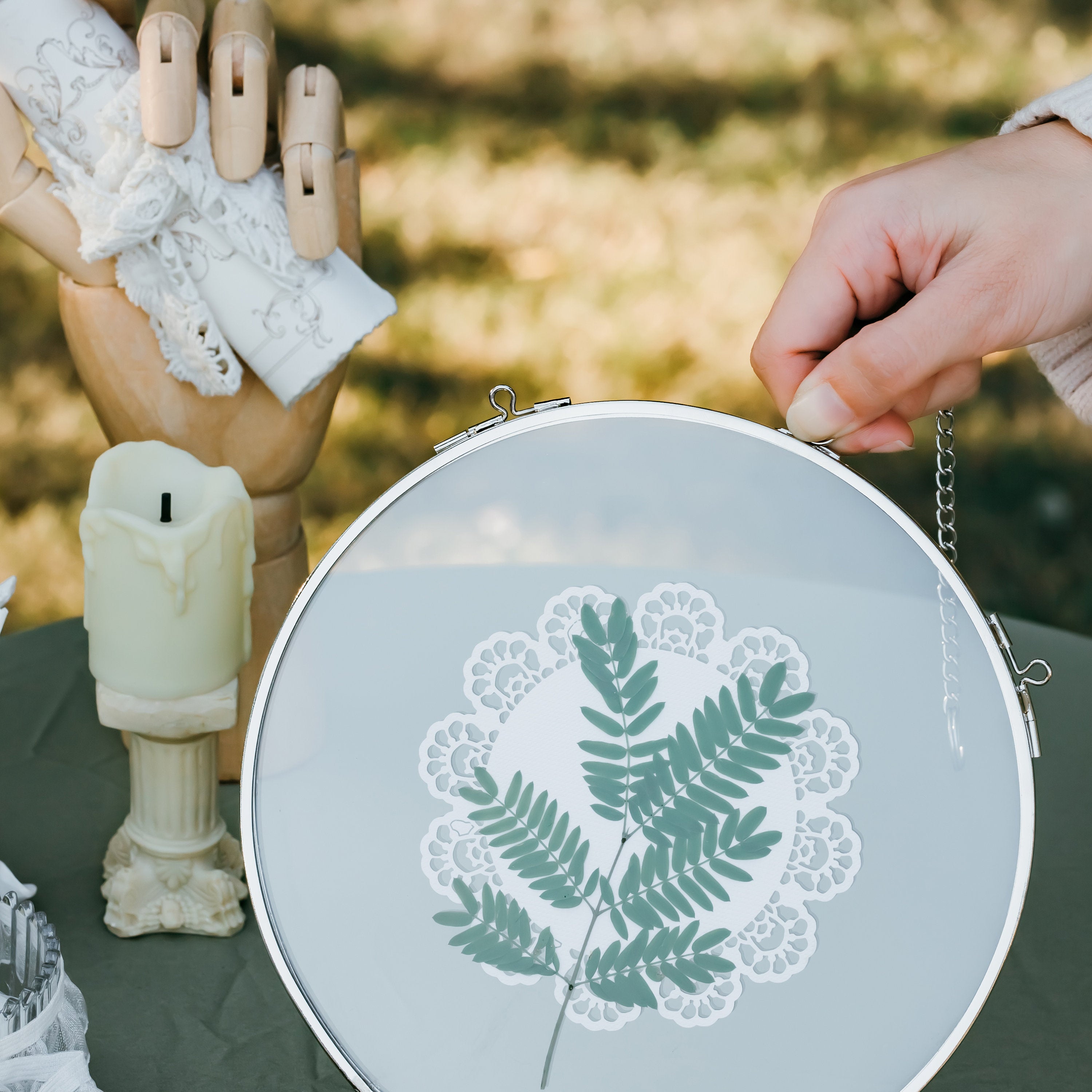 Round 7” Silver herbarium  Double Glass Frame, for Pressed Flowers, Leaves, Displaying Crochet - NCYPgarden