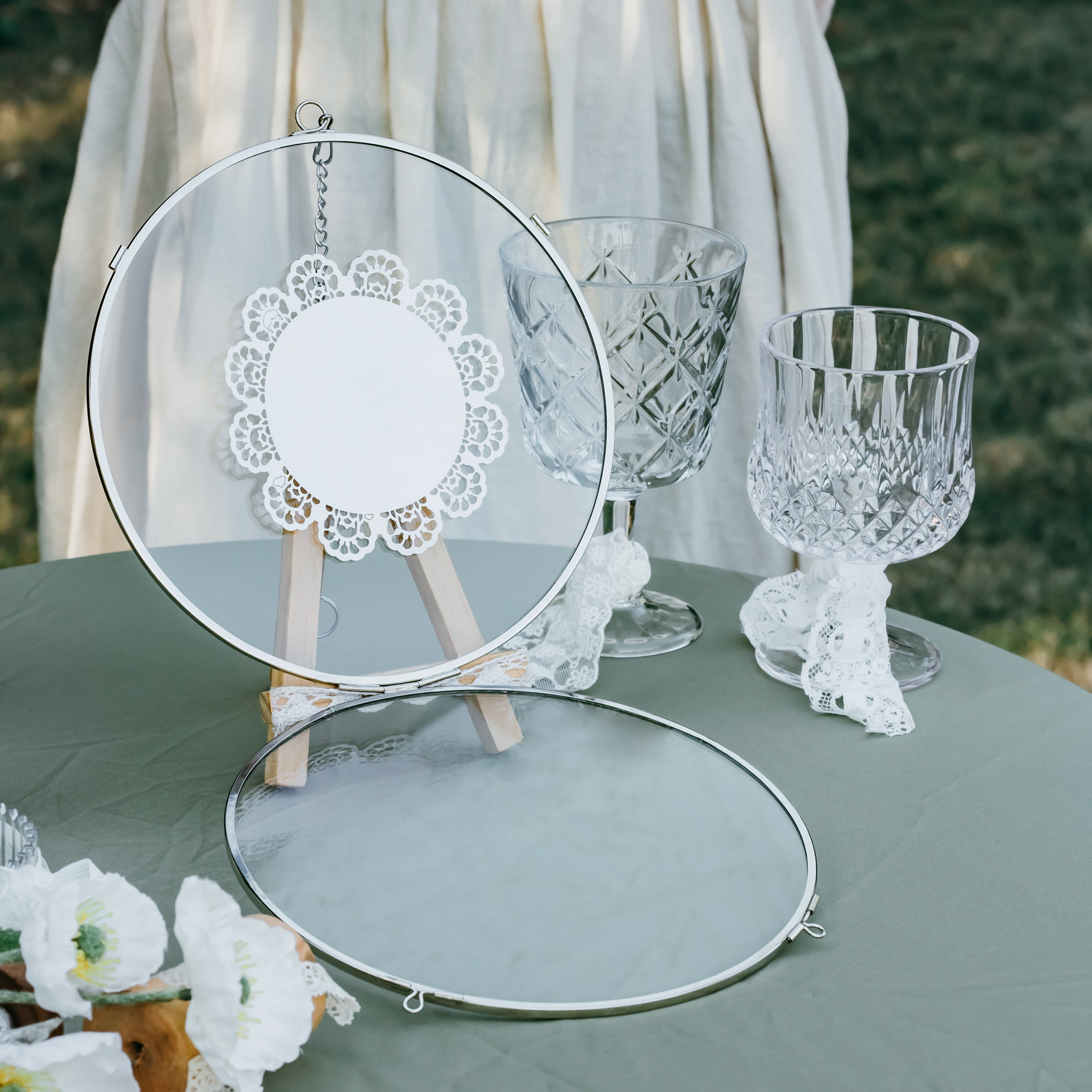 Round 7” Silver herbarium  Double Glass Frame, for Pressed Flowers, Leaves, Displaying Crochet - NCYPgarden