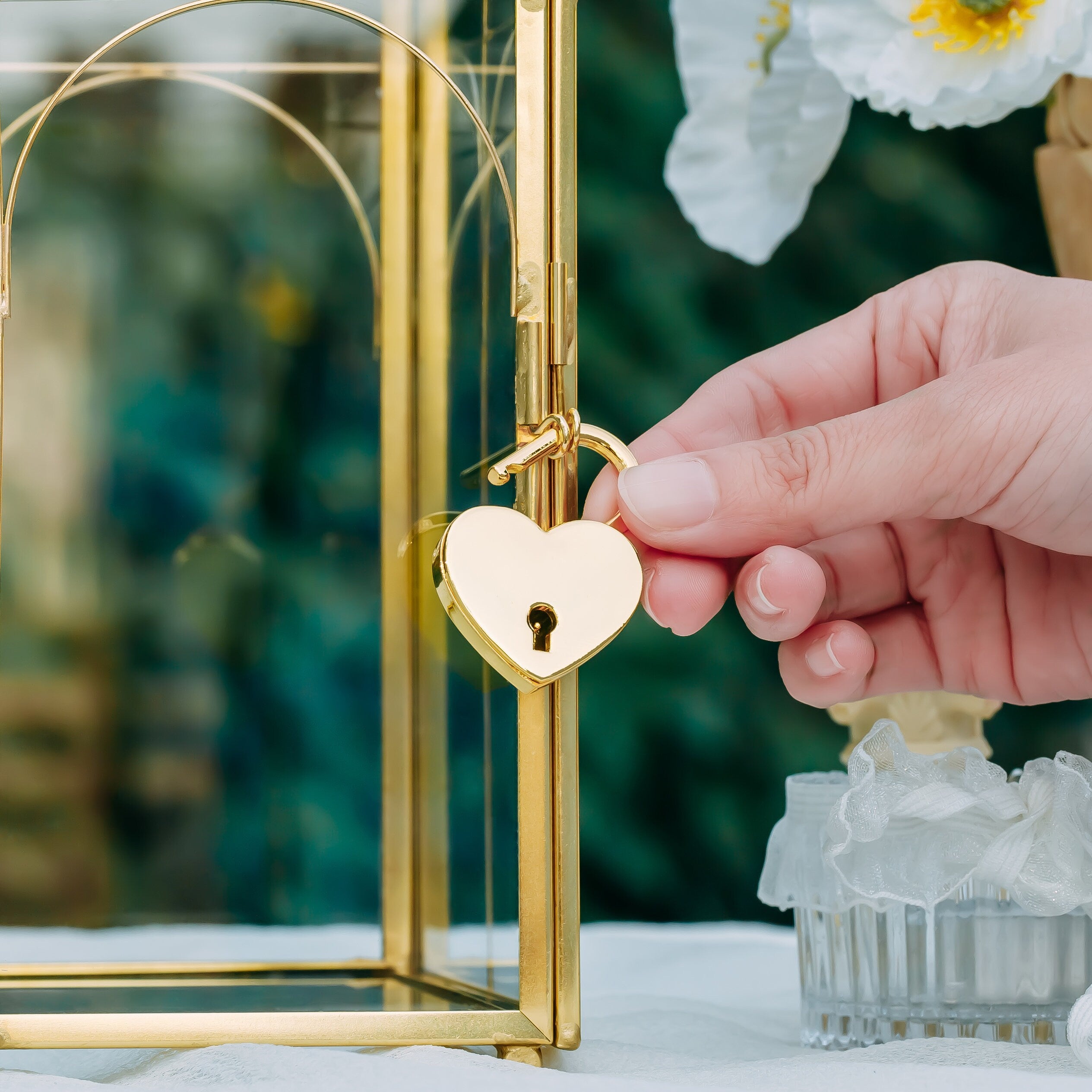 Vintage Gold Large Geometric Glass Card Box Terrarium with Slot, Heart Lock, Foot, Handmade Brass for Wedding Reception Wishwell Keepsake - NCYPgarden