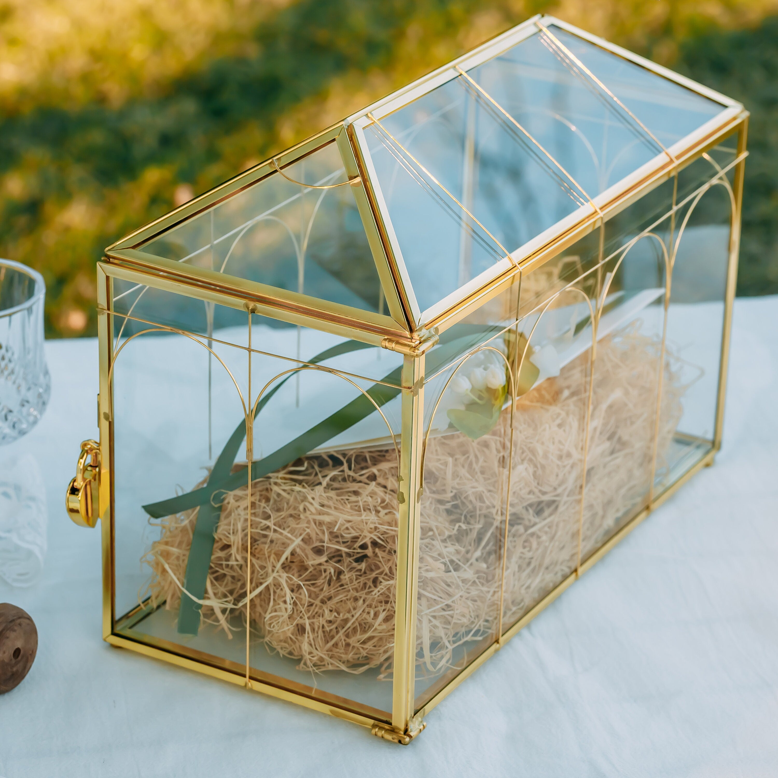 Vintage Gold Large Geometric Glass Card Box Terrarium with Slot, Heart Lock, Foot, Handmade Brass for Wedding Reception Wishwell Keepsake - NCYPgarden