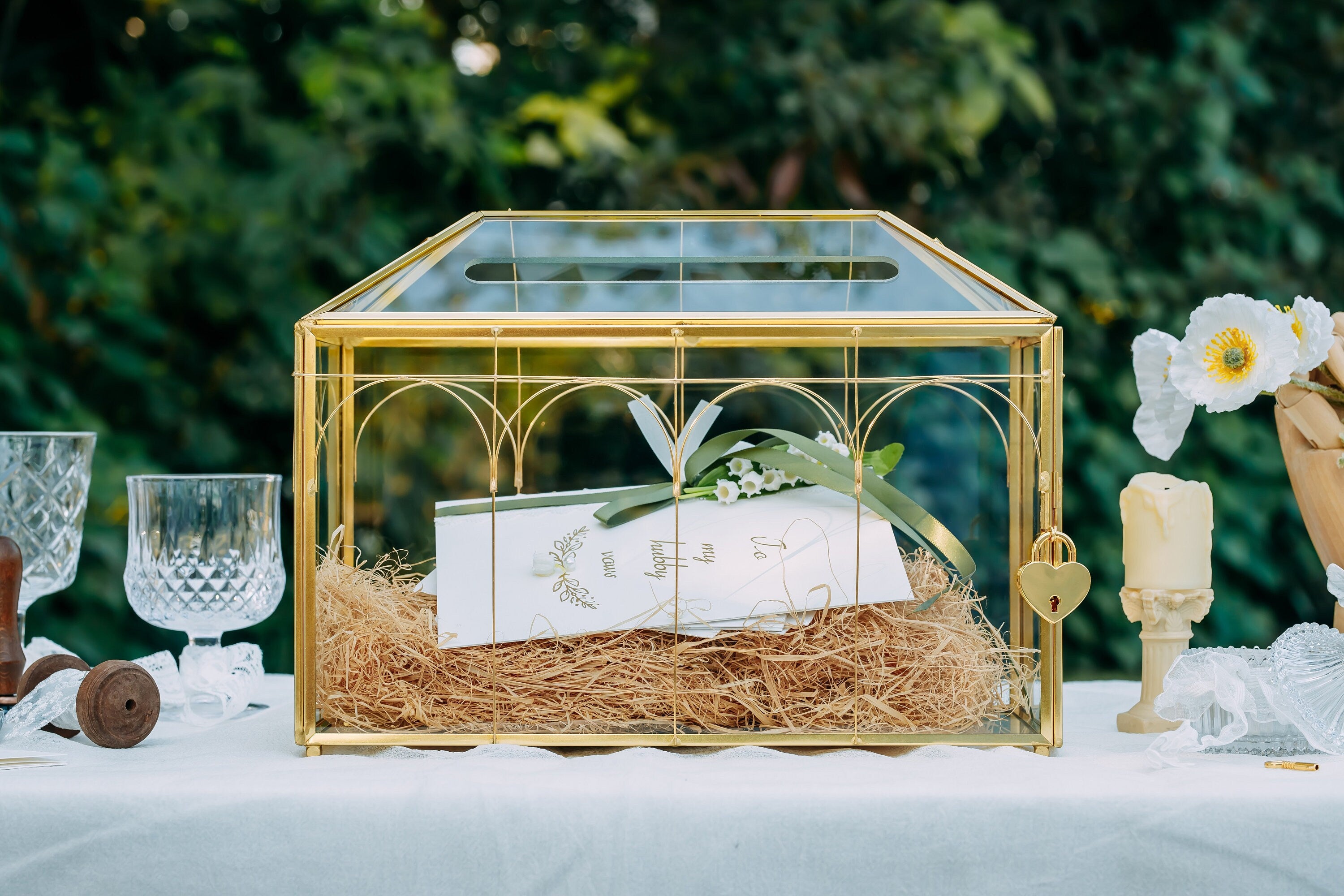 Vintage Gold Large Geometric Glass Card Box Terrarium with Slot, Heart Lock, Foot, Handmade Brass for Wedding Reception Wishwell Keepsake - NCYPgarden