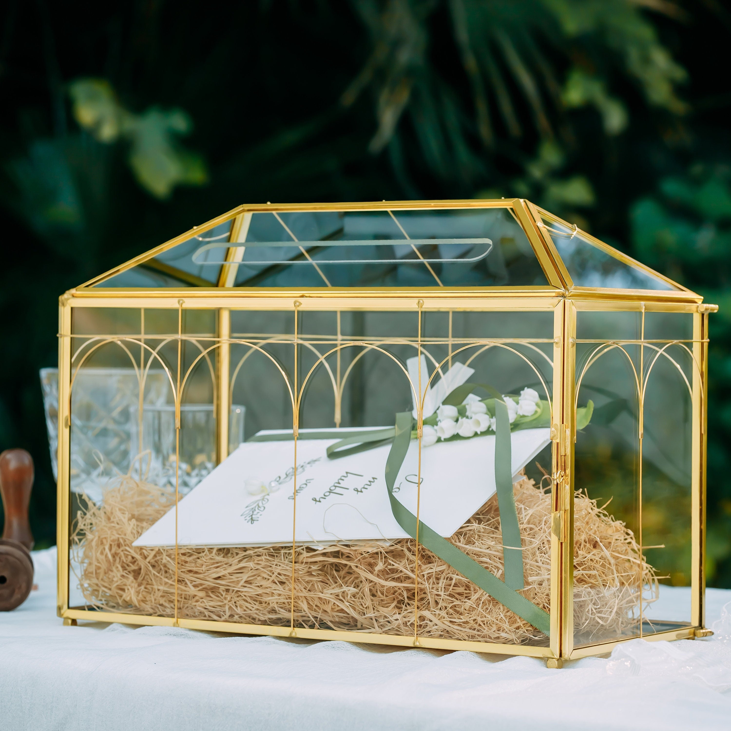 Vintage Gold Large Geometric Glass Card Box Terrarium with Slot, Heart Lock, Foot, Handmade Brass for Wedding Reception Wishwell Keepsake - NCYPgarden