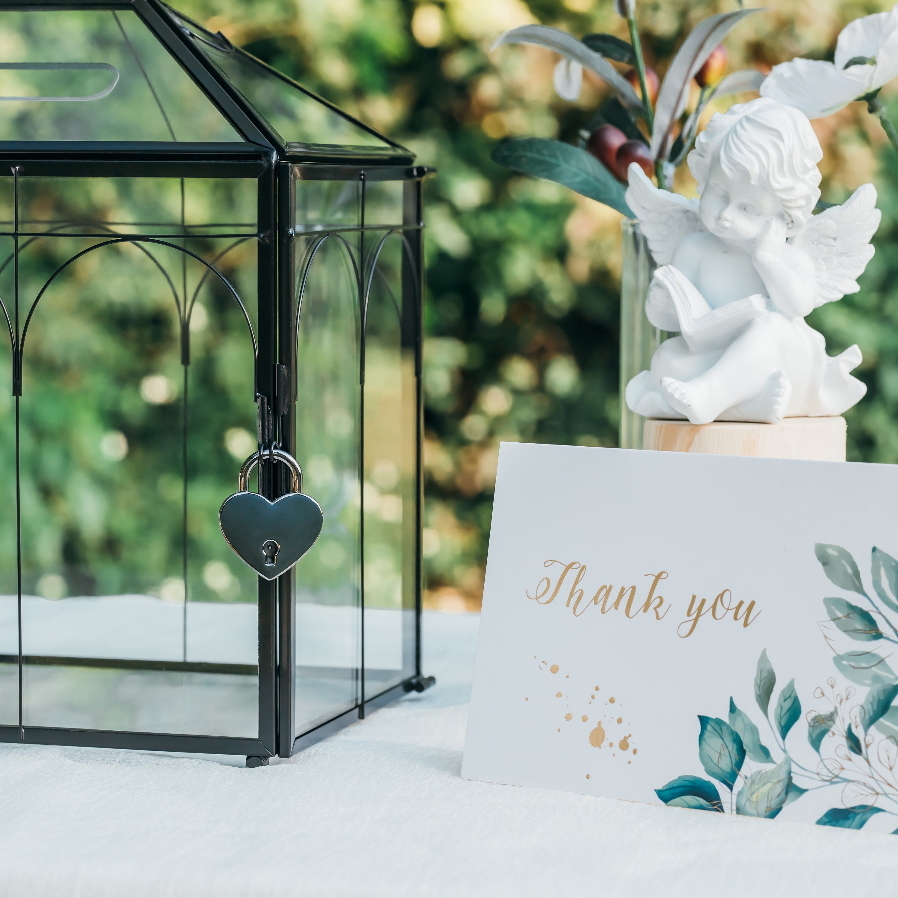 Vintage Black Large Geometric Glass Card Box Terrarium with Slot, Heart Lock, Foot, Handmade Brass for Wedding Reception Wishwell Keepsake - NCYPgarden