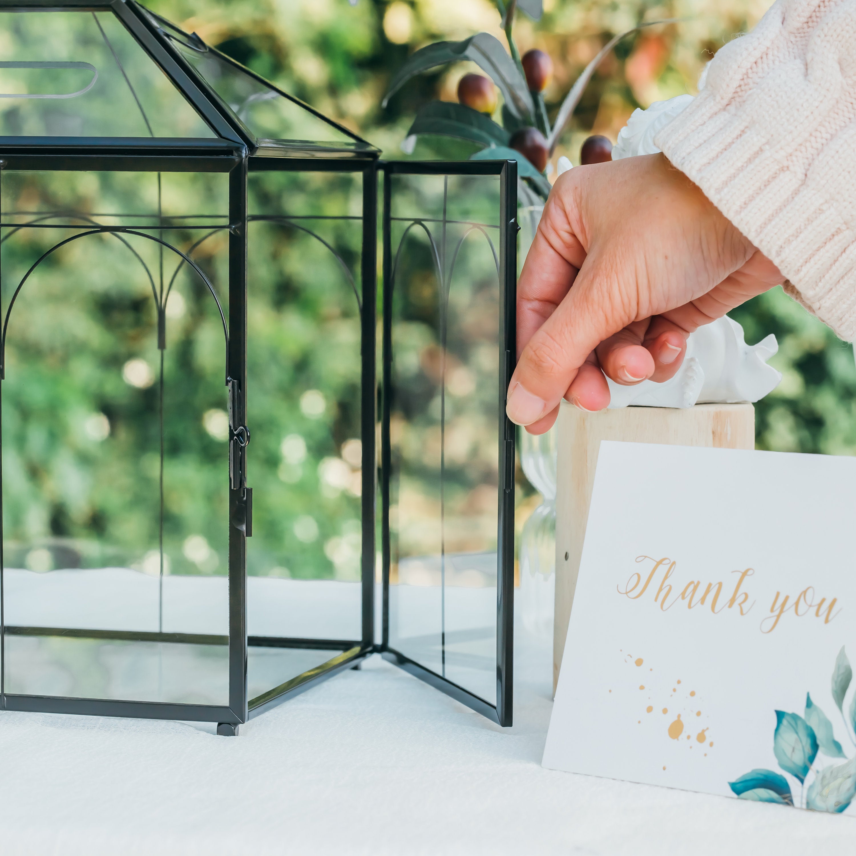 Vintage Black Large Geometric Glass Card Box Terrarium with Slot, Heart Lock, Foot, Handmade Brass for Wedding Reception Wishwell Keepsake - NCYPgarden