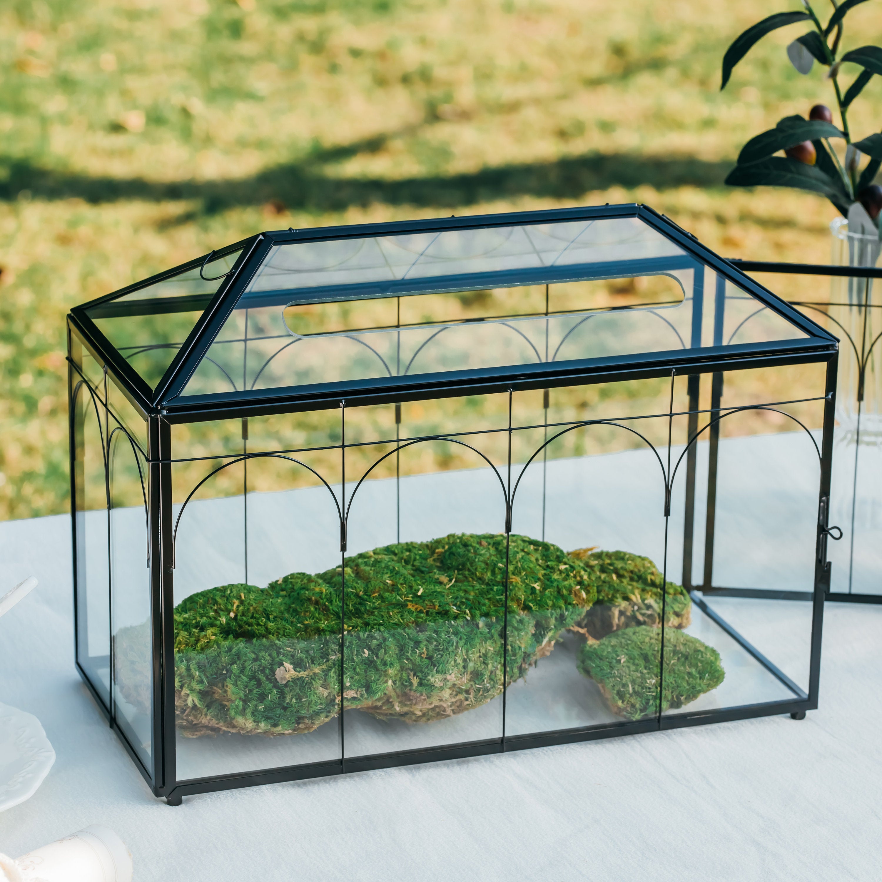 Vintage Black Large Geometric Glass Card Box Terrarium with Slot, Heart Lock, Foot, Handmade Brass for Wedding Reception Wishwell Keepsake - NCYPgarden