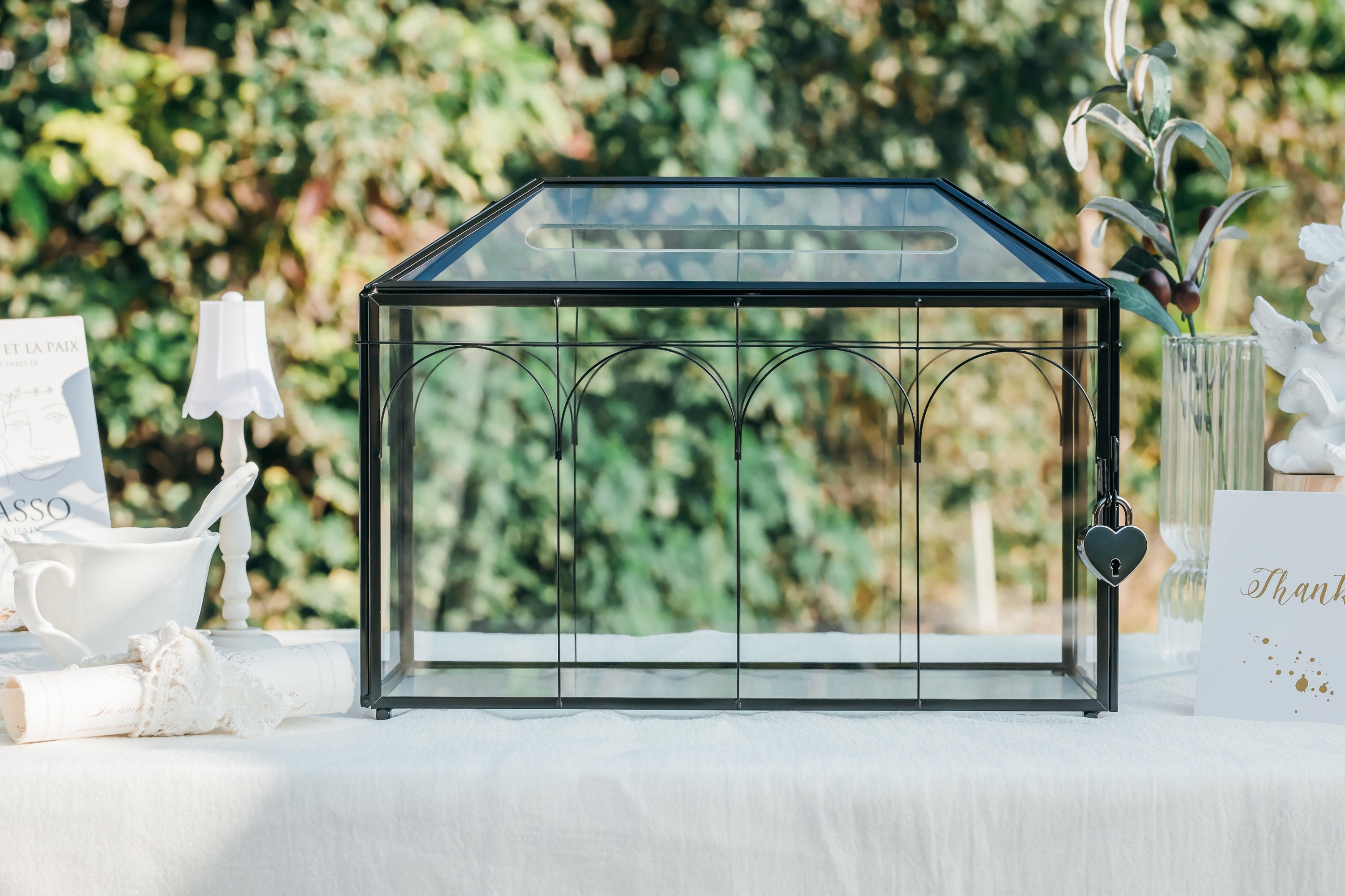 Vintage Black Large Geometric Glass Card Box Terrarium with Slot, Heart Lock, Foot, Handmade Brass for Wedding Reception Wishwell Keepsake - NCYPgarden