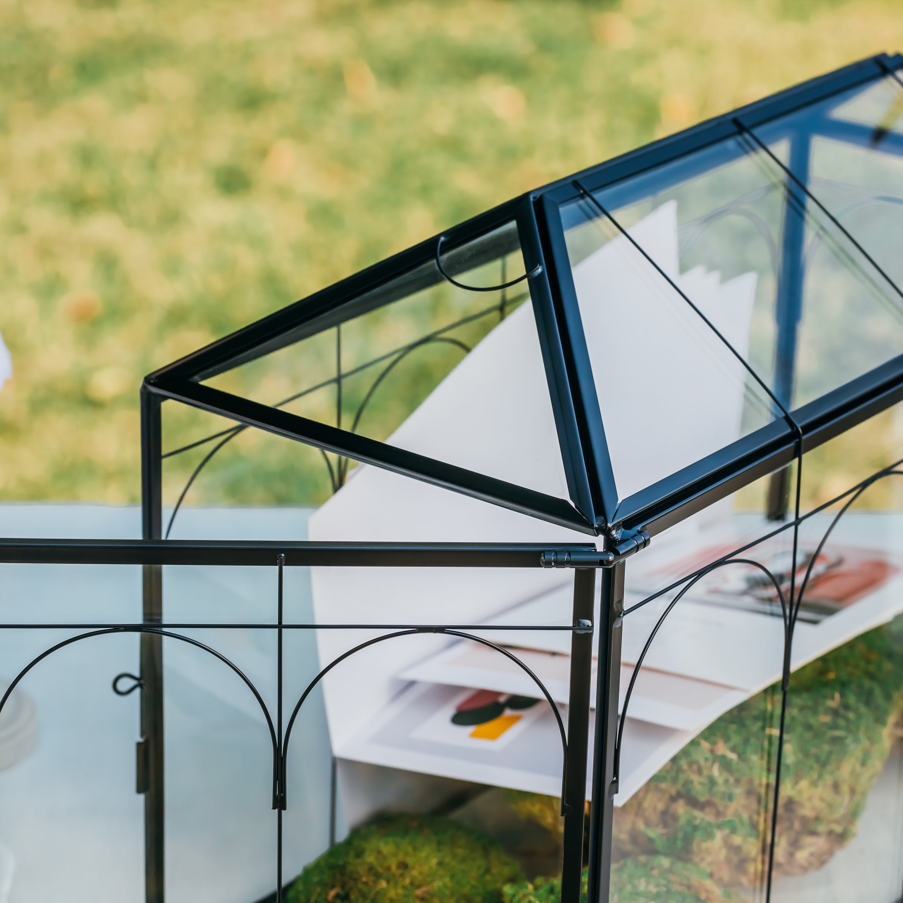 Vintage Black Large Geometric Glass Card Box Terrarium with Slot, Heart Lock, Foot, Handmade Brass for Wedding Reception Wishwell Keepsake - NCYPgarden