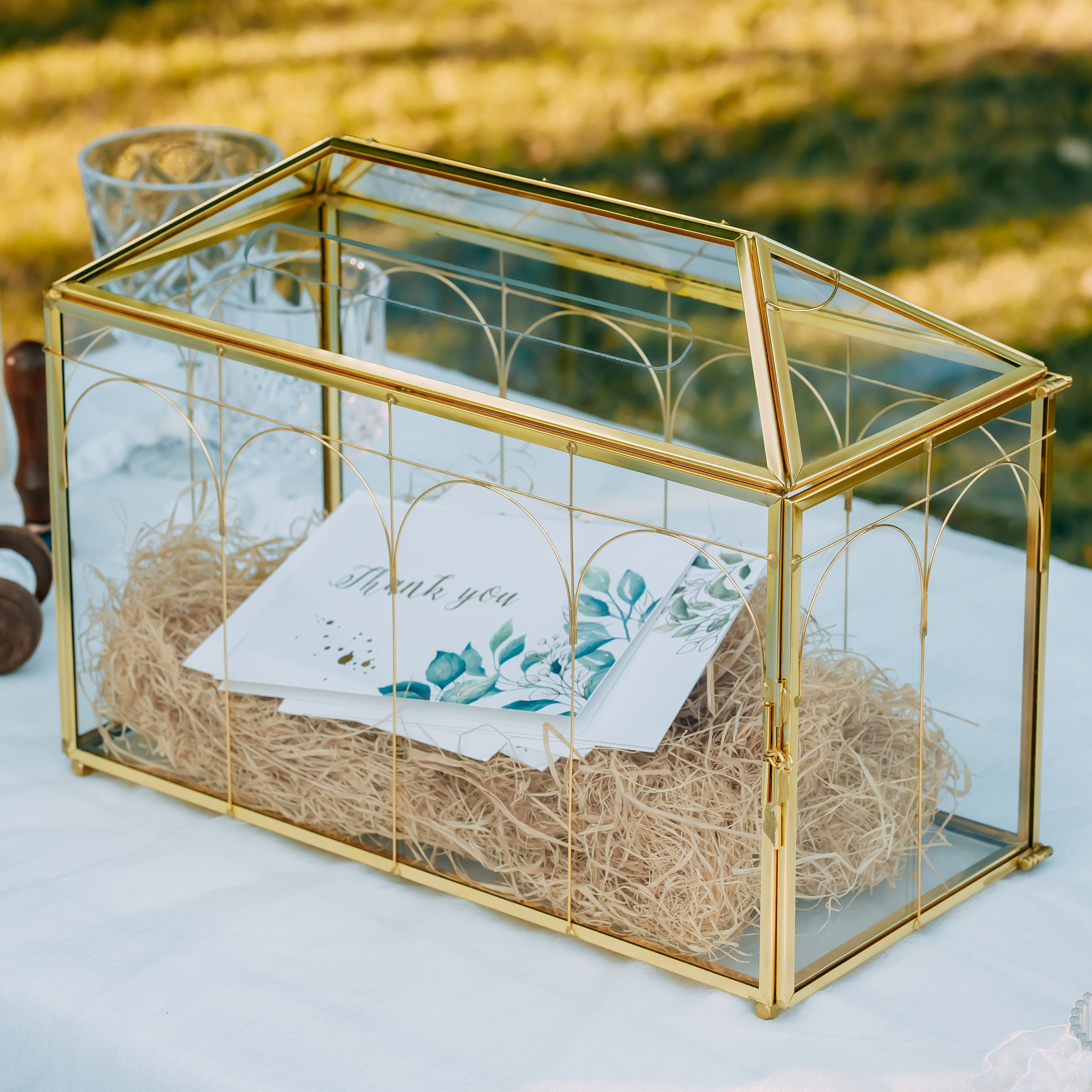 Vintage Gold Large Geometric Glass Card Box Terrarium with Slot, Heart Lock, Foot, Handmade Brass for Wedding Reception Wishwell Keepsake - NCYPgarden