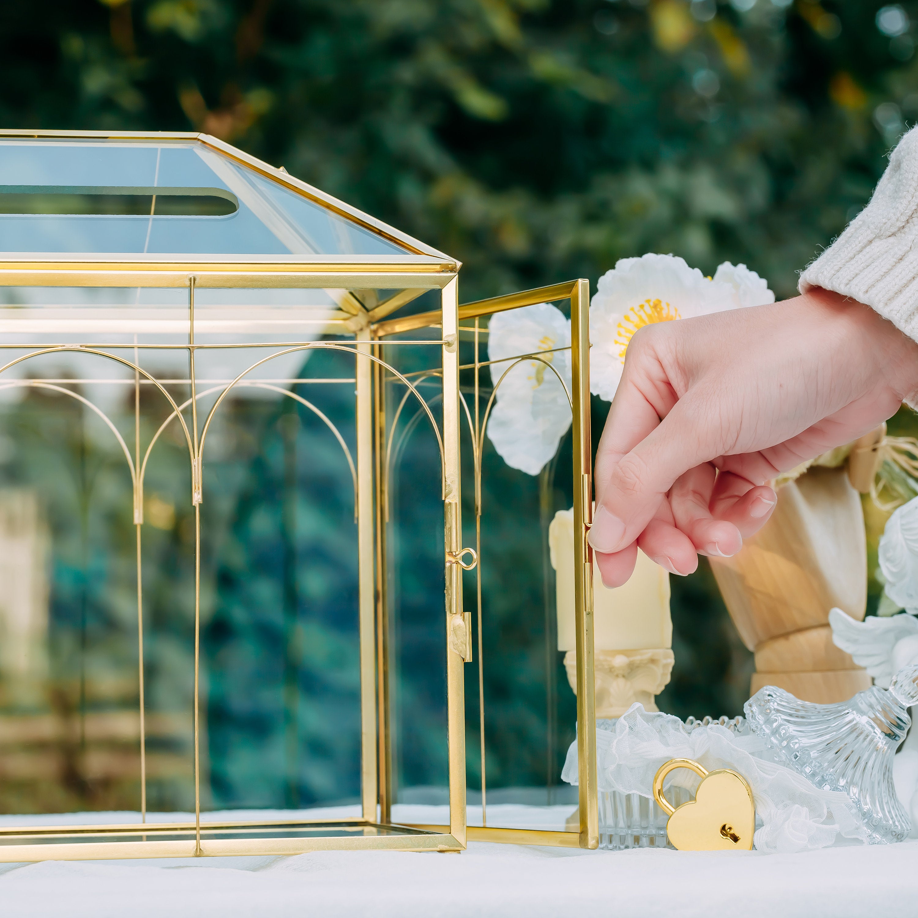 Vintage Gold Large Geometric Glass Card Box Terrarium with Slot, Heart Lock, Foot, Handmade Brass for Wedding Reception Wishwell Keepsake - NCYPgarden