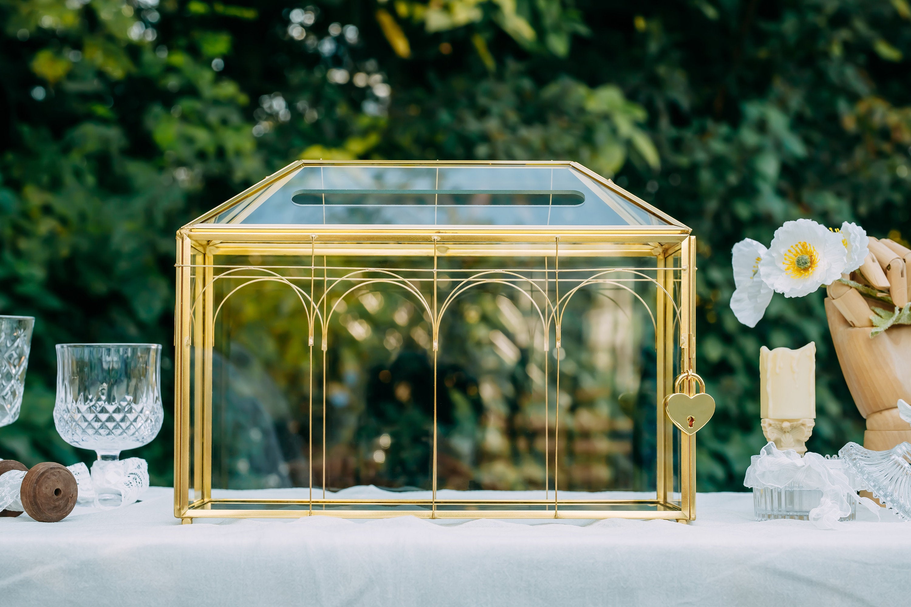 Vintage Gold Large Geometric Glass Card Box Terrarium with Slot, Heart Lock, Foot, Handmade Brass for Wedding Reception Wishwell Keepsake - NCYPgarden