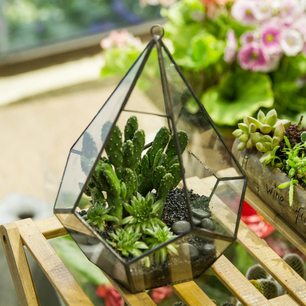 Handmade Artistic Hanging Glass Teardrop Diamond Geometric Terrarium with Loop for Succulent Moss - NCYPgarden