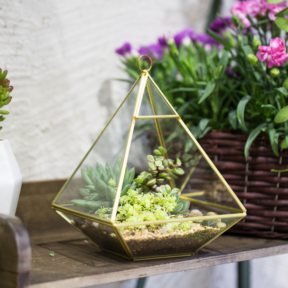 Handmade Gold Hanging Glass Geometric Terrarium Planter for Succulent Wedding Decoration - NCYPgarden