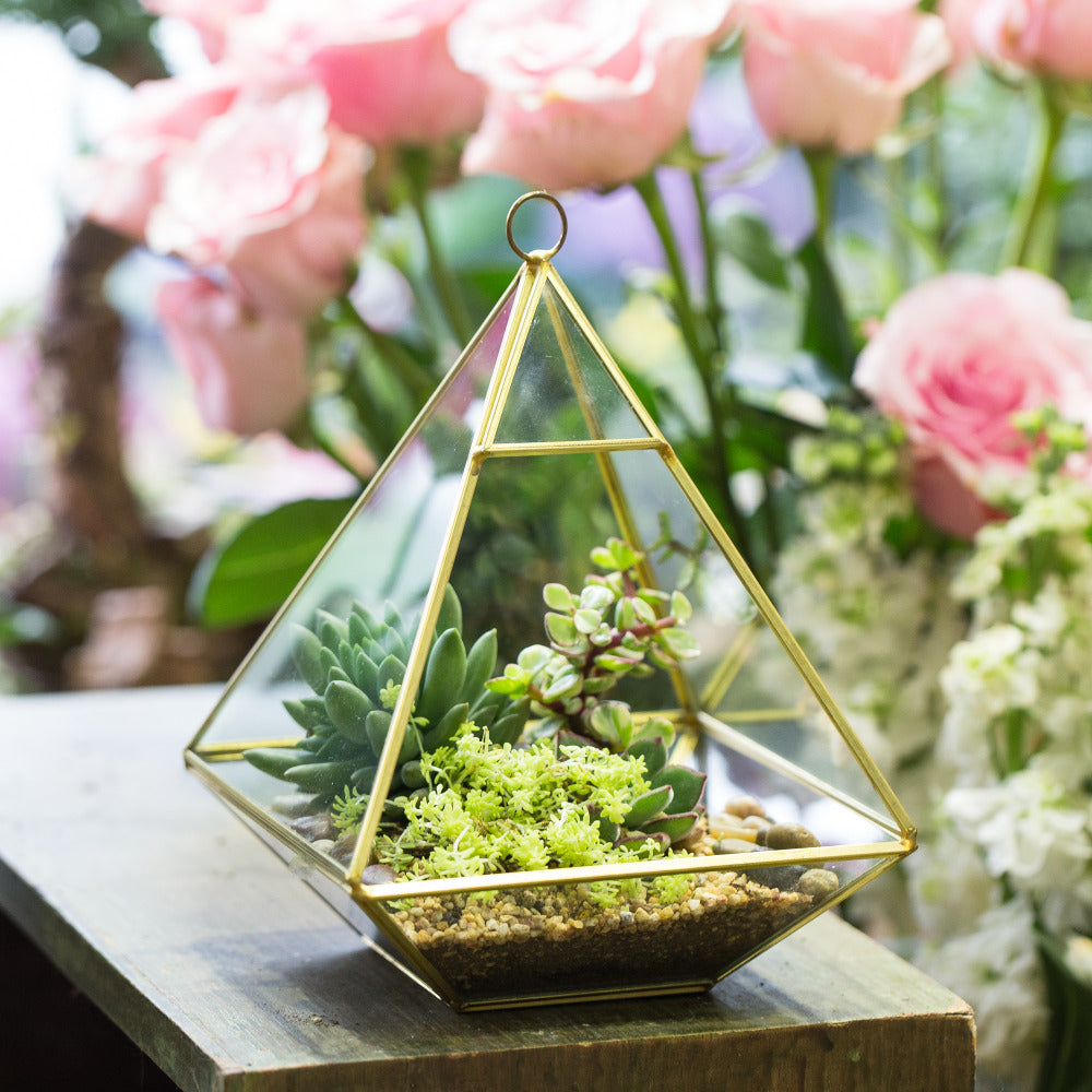 Handmade Gold Hanging Glass Geometric Terrarium Planter for Succulent Wedding Decoration - NCYPgarden