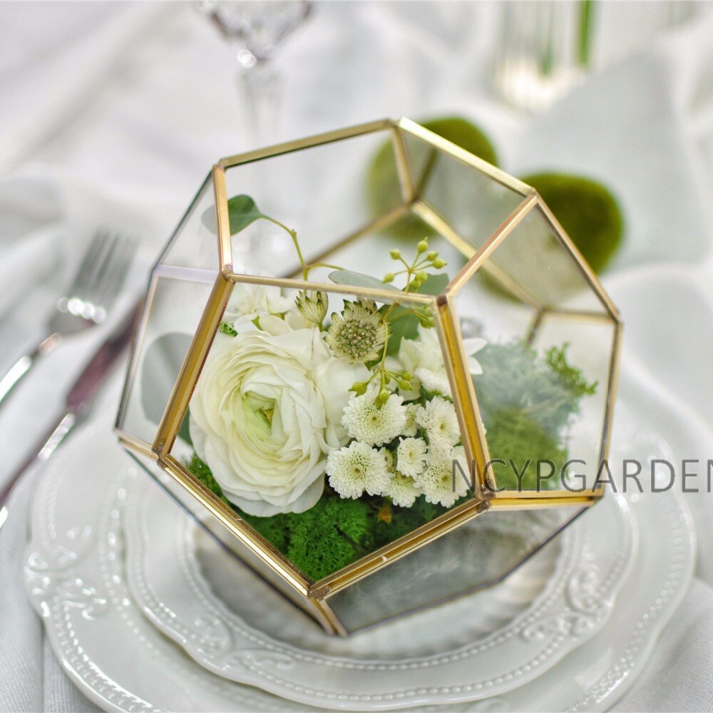 Handmade Gold Tabletop Polyhedron Glass Geometric Terrarium for Wedding Section Reception - NCYPgarden