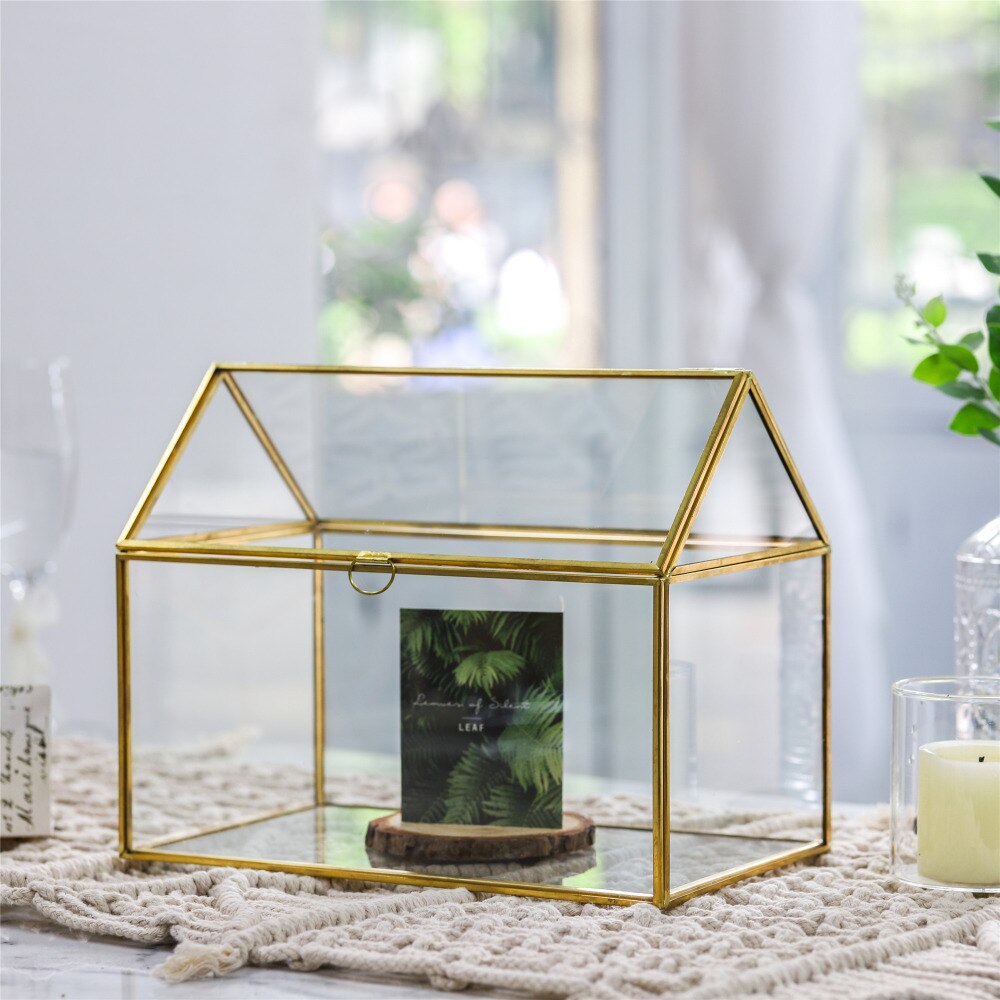 Handmade Gold House Shape Glass Geometric Terrarium  Card Wishwell Reception Box for Wedding Ceromony - NCYPgarden