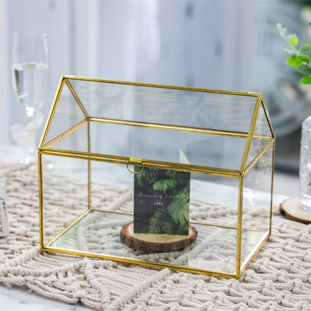 Handmade Gold House Shape Glass Geometric Terrarium  Card Wishwell Reception Box for Wedding Ceromony - NCYPgarden