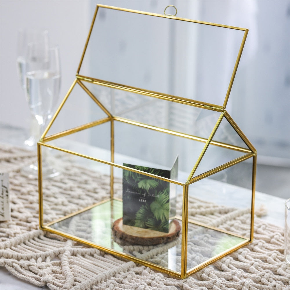 Handmade Gold House Shape Glass Geometric Terrarium  Card Wishwell Reception Box for Wedding Ceromony - NCYPgarden