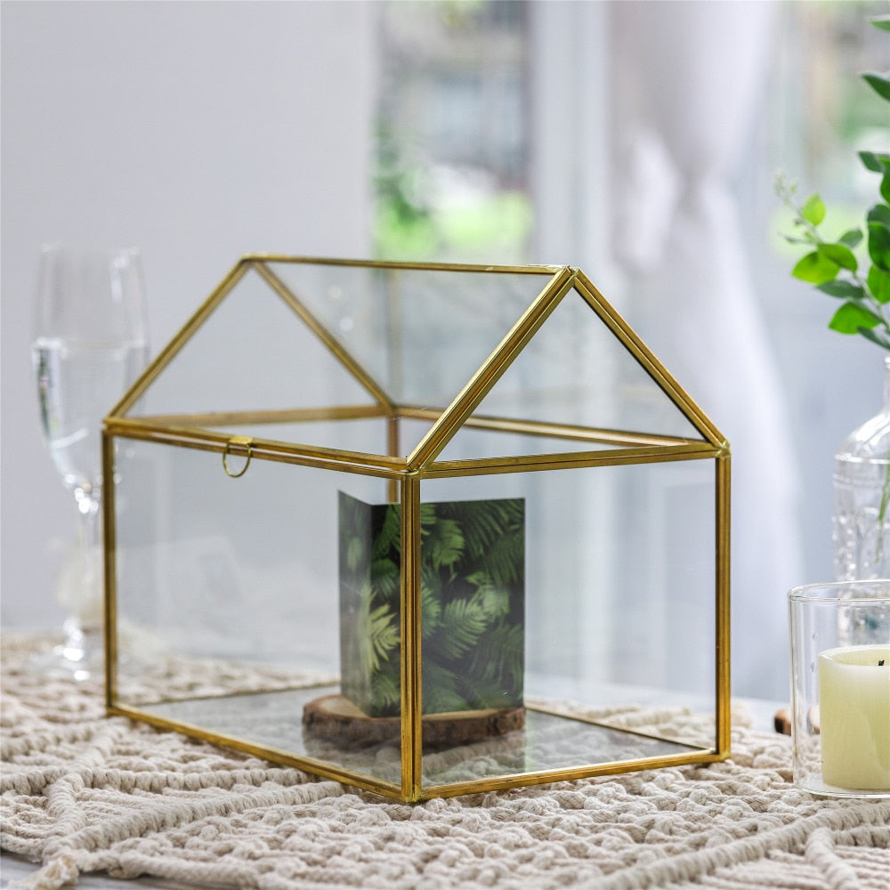 Handmade Gold House Shape Glass Geometric Terrarium  Card Wishwell Reception Box for Wedding Ceromony - NCYPgarden