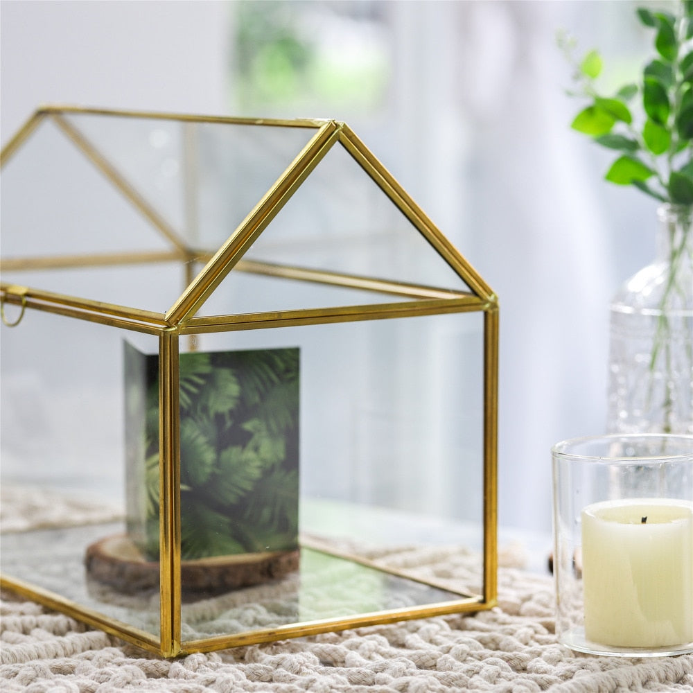 Handmade Gold House Shape Glass Geometric Terrarium  Card Wishwell Reception Box for Wedding Ceromony - NCYPgarden