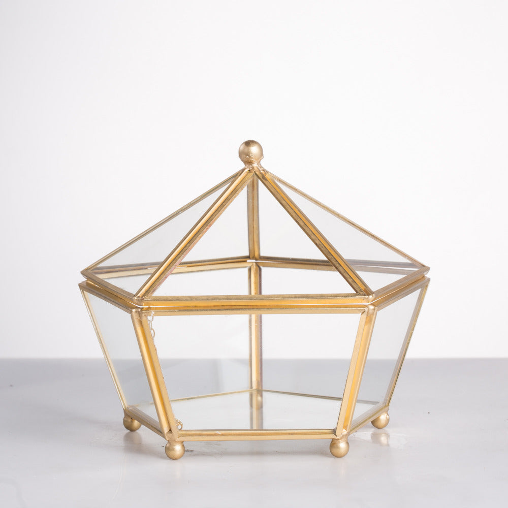 Handmade Gold Artistic Tabletop Glass Geometric Terrarium Jewel-boxed Shape with Lid for Succulent - NCYPgarden